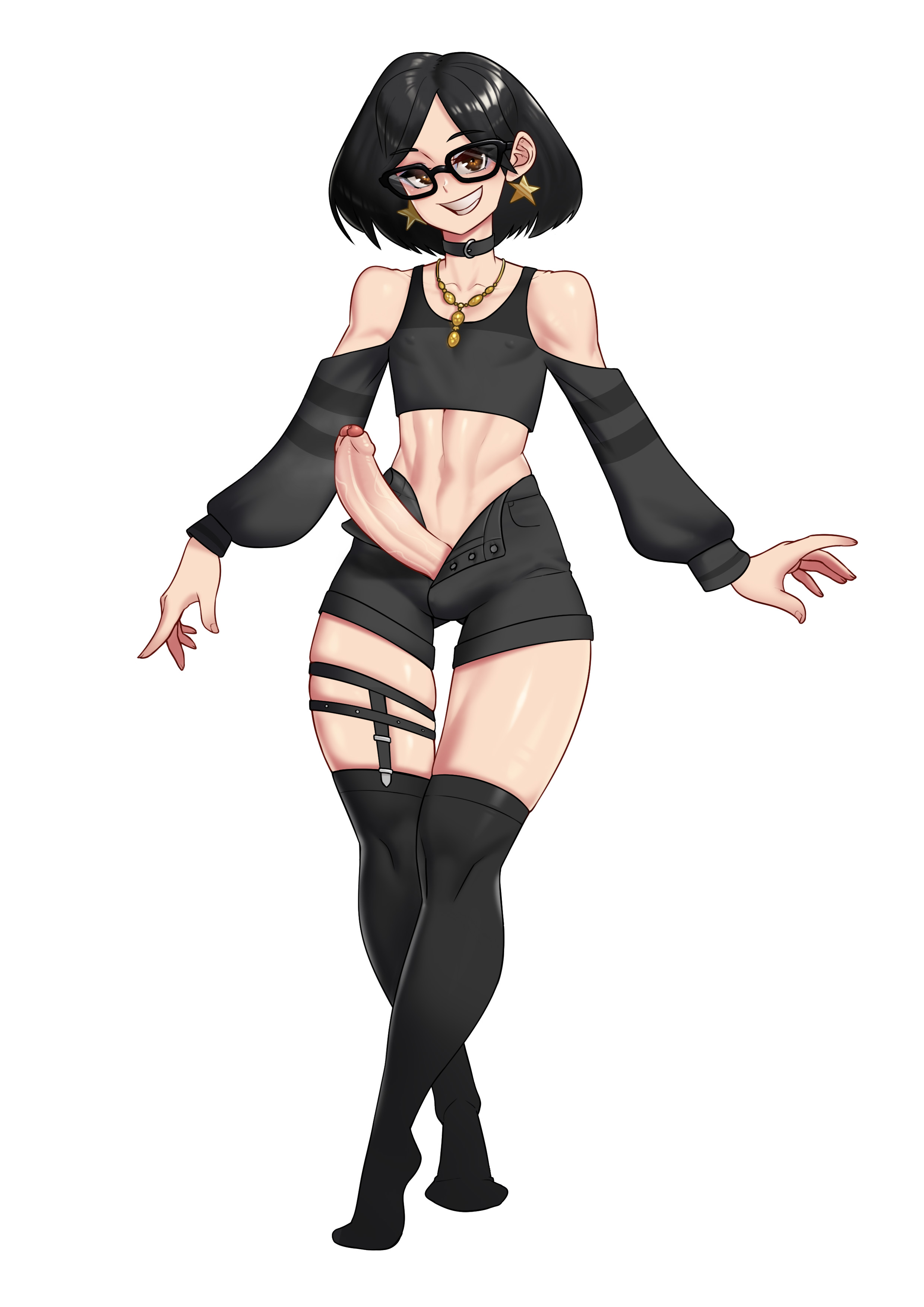 1boy, 2022, bare shoulders, big penis, black hair, character request, clothed, clothing, erection, feet, femboy, foreskin, full body, glasses, human, light skin, light-skinned male, long sleeves, looking at viewer, male, male only, mostly clothed, partially retracted foreskin, penis, retracted foreskin, short hair, short shorts, shorts, skindentation, solo, standing, thigh gap, thighhighs, uncircumcised, uncut, white background, zipsha