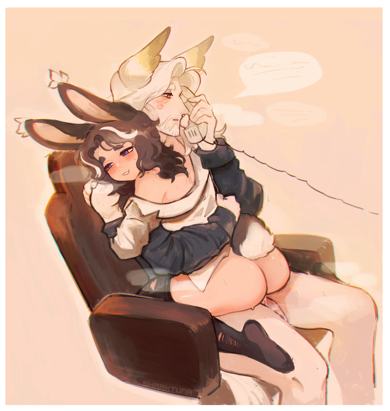 arknights ass blush bunny_ears bunny_girl chair heavy_breathing hellagur_(arknights) phone sharktuna telephone