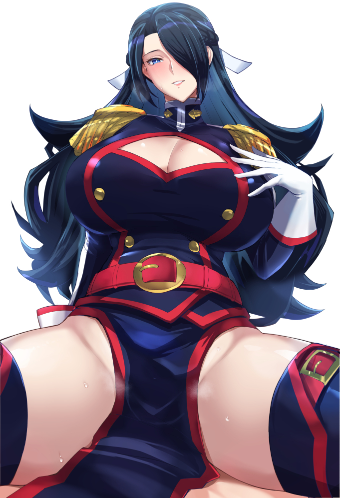 anti-demon_corps_uniform azuma_fubuki belt belt_buckle blue_eyes blue_hair cleavage cleavage_cutout hair_ornament hair_over_one_eye hair_ribbon hand_on_breast huge_breasts kumakichi_(cost-lost) long_hair mato_seihei_no_slave milf ribbon spread_legs sweat thick_thighs thighhighs