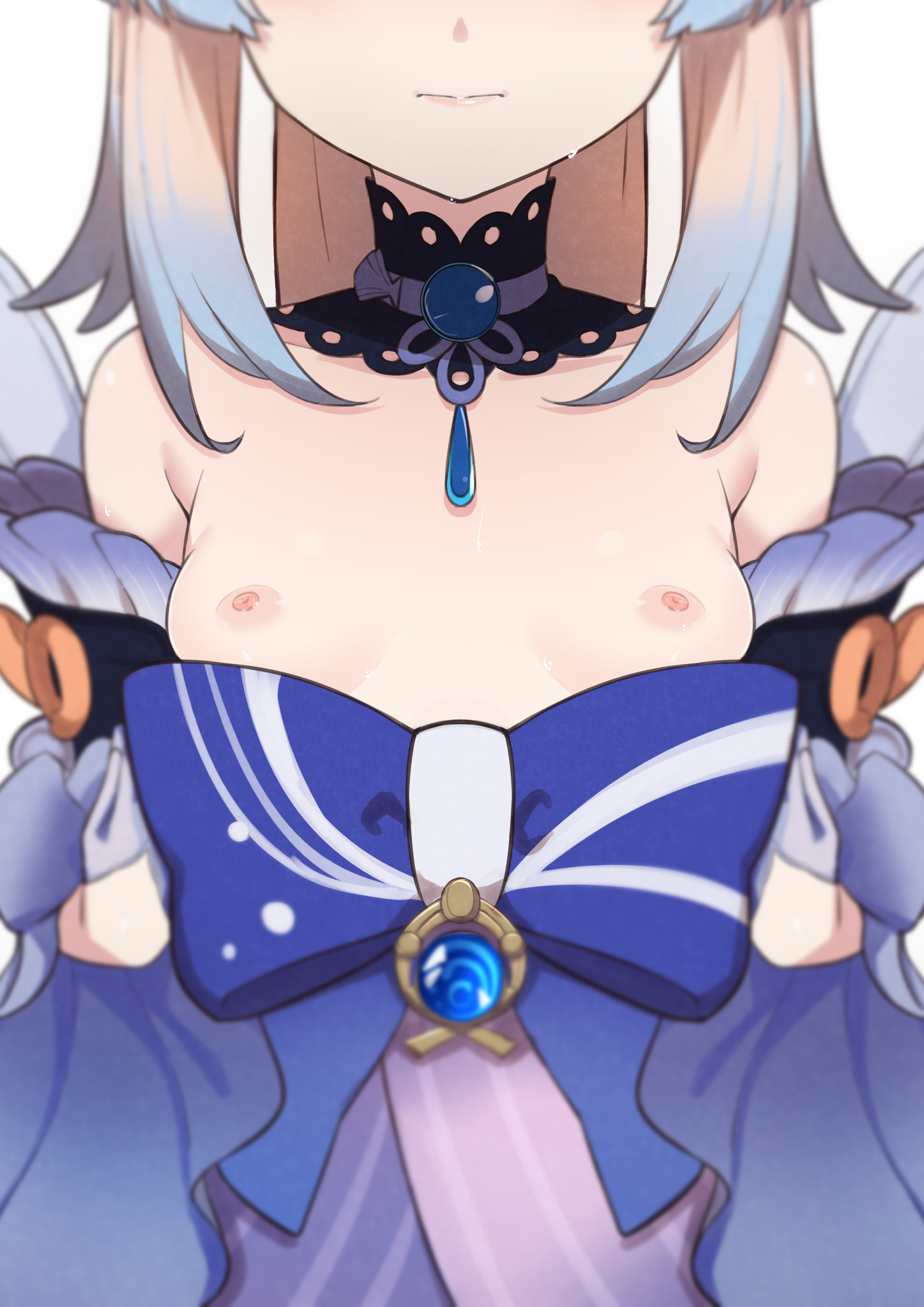 armpit crease, blonde hair, blue hair, blurry, breasts, breasts apart, closed mouth, clothes pull, depth of field, detached collar, detached sleeves, dress pull, female, flat chest, genshin impact, gloves, half gloves, head out of frame, highres, lips, long hair, morisobo, multicolored hair, nipples, sangonomiya kokomi, simple background, small breasts, solo, sweat, two-tone hair, upper body, white background