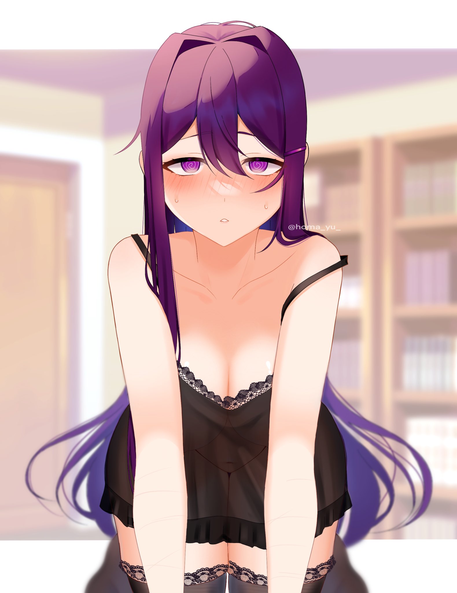 big breasts, blush, breasts, clothed, doki doki literature club, female, homa yu , hypnotic eyes, looking at viewer, no bra, no bra under clothes, no panties, no panties under dress, purple eyes, purple hair, see-through clothing, thigh, thighhighs, thighs, yuri (doki doki literature club)