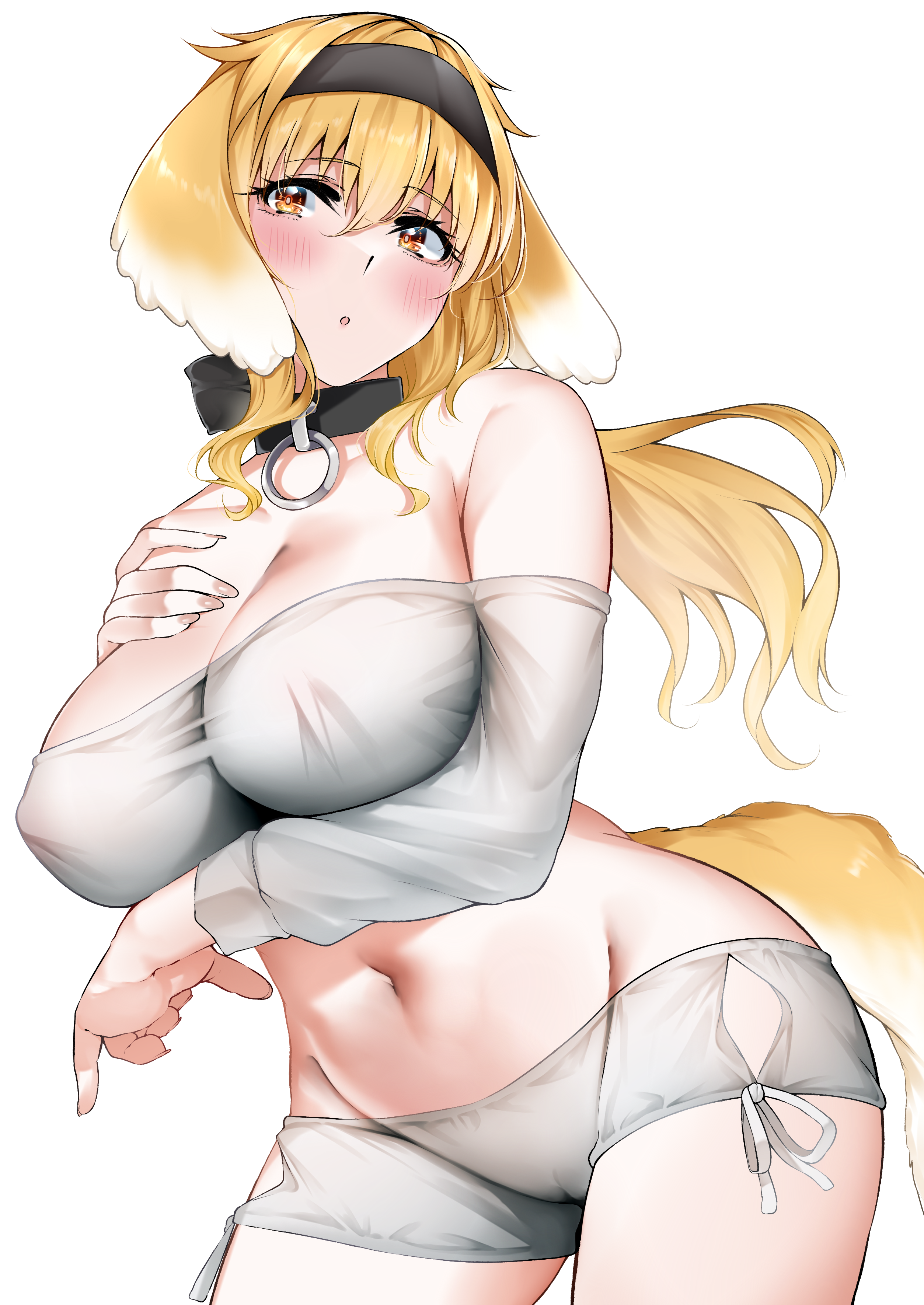 1girls, animal ears, areolae, big breasts, blonde hair, breasts, brown eyes, clothed, clothing, collar, female, female focus, female only, hi res, highres, isekai meikyuu de harem wo, len (hand linke), long hair, midriff, navel, nipples, open mouth, revealing clothes, roxanne (isekai meikyuu de harem wo), solo, tail, wolf ears, wolf girl
