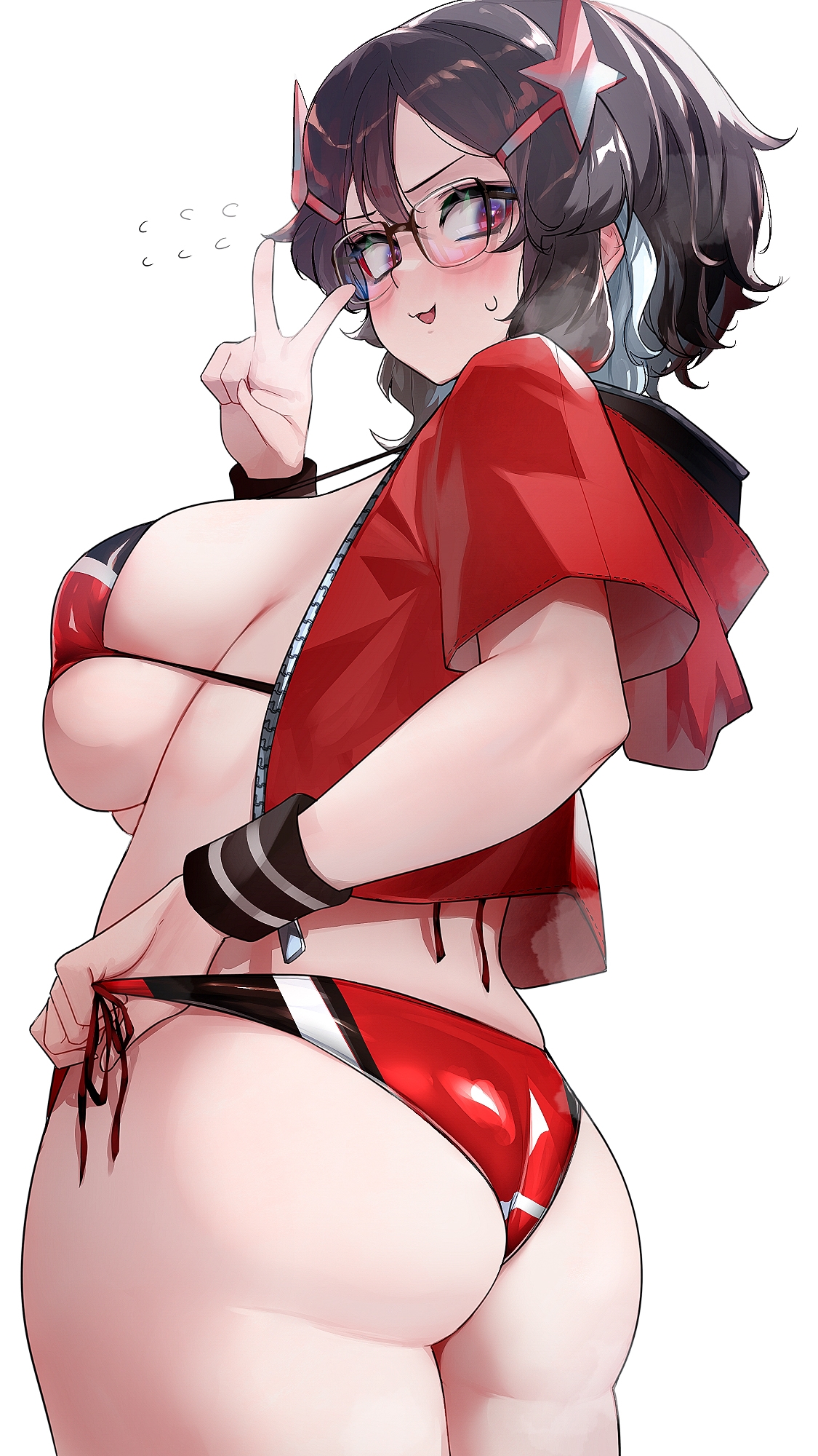 1girls, big ass, big breasts, bikini, boobs, breasts, busty, female, glasses, hi res, high resolution, highres, hizake, huge breasts, kashu (hizake), large breasts, light skin, light-skinned female, micro bikini, mozu (hizake), oc, original, original character, plain background, pose, posing, red bikini, sensual, sexy, short hair, sideboob, simple background, smile, tits, v, white background