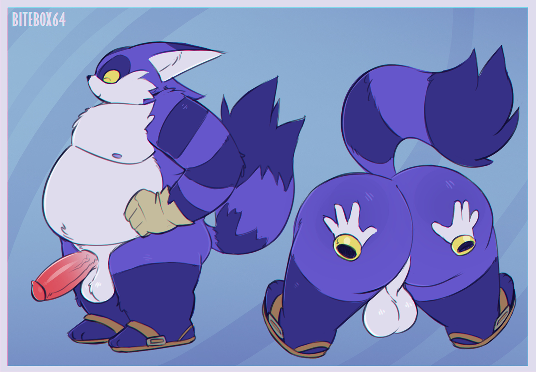 1boy, 2022, absurd res, anonymous character, anthro, ass, ass grab, big the cat, bitebox64, cat humanoid, disembodied hand, erection, feline, furry, gay, gloves, hand on ass, happy, hi res, male, male only, mobian (species), overweight, overweight male, penis, pink penis, purple fur, purple nipples, sandals, sega, side view, simple background, sonic (series), sonic the hedgehog (series), tagme, yellow eyes
