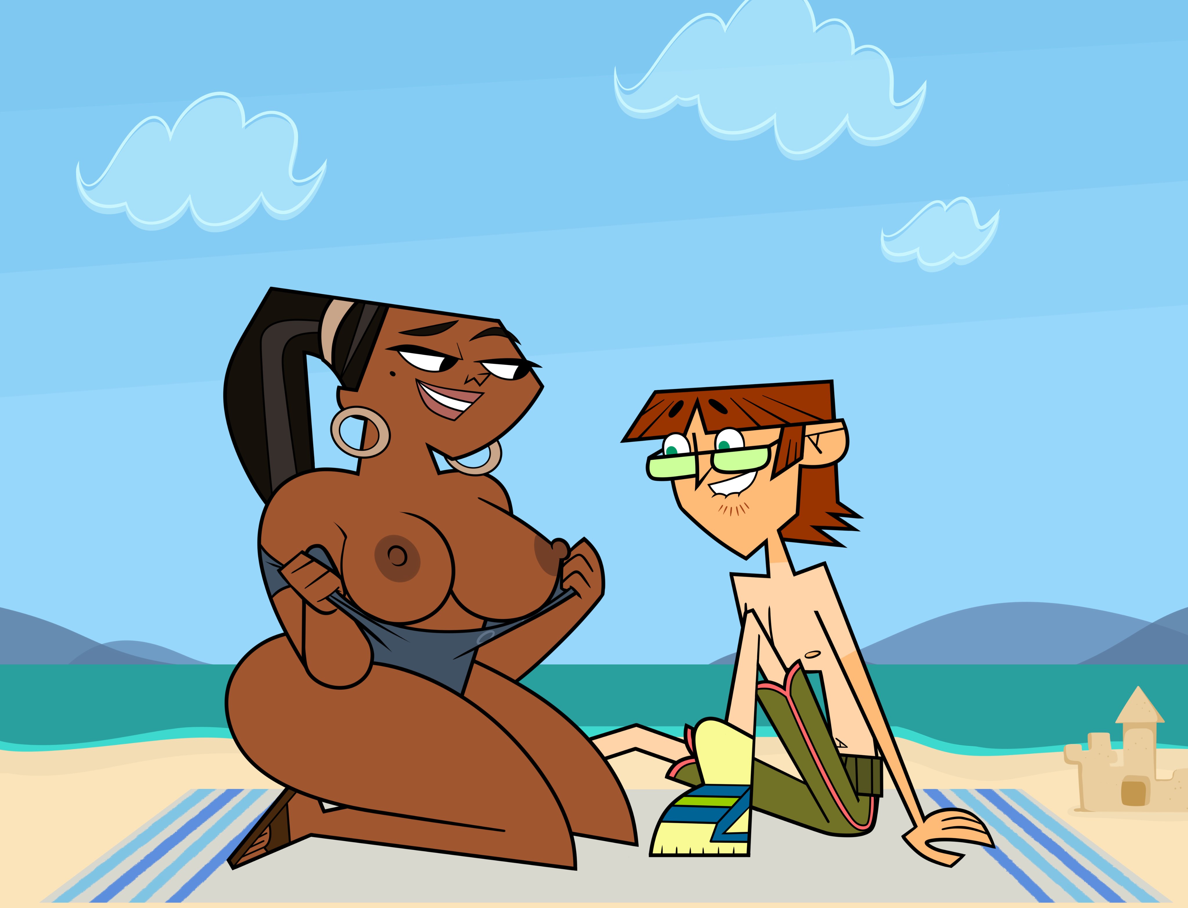 1boy, 1girls, accurate art style, big breasts, black hair, breasts, breasts out of clothes, canon couple, dark skin, dark-skinned female, dzk, exposed breasts, female, harold (tdi), interracial, leshawna (tdi), light skin, light-skinned male, long hair, male, style emulation, style parody, swimsuit, swimsuit pull, total drama island