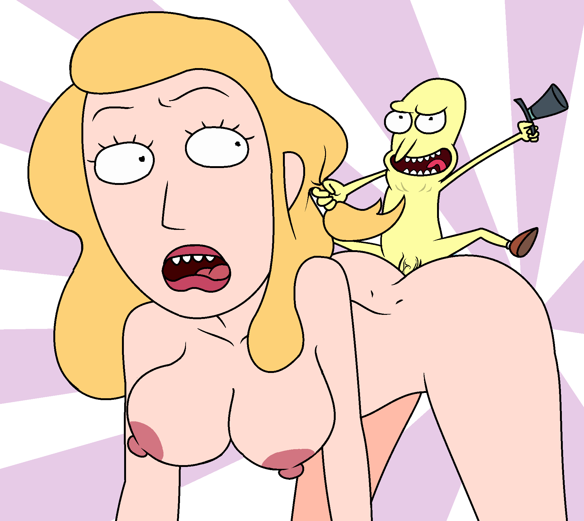 1boy 1girls alpha_male beth_smith big_ass big_breasts blonde_hair cheating_wife doggy_style female hair_grab interspecies male mature_female milf mounted mounted_for_sex mounting mr._poopy_butthole rick_and_morty small_but_hung small_dom_big_sub smaller_male unknown_artist veiny_penis