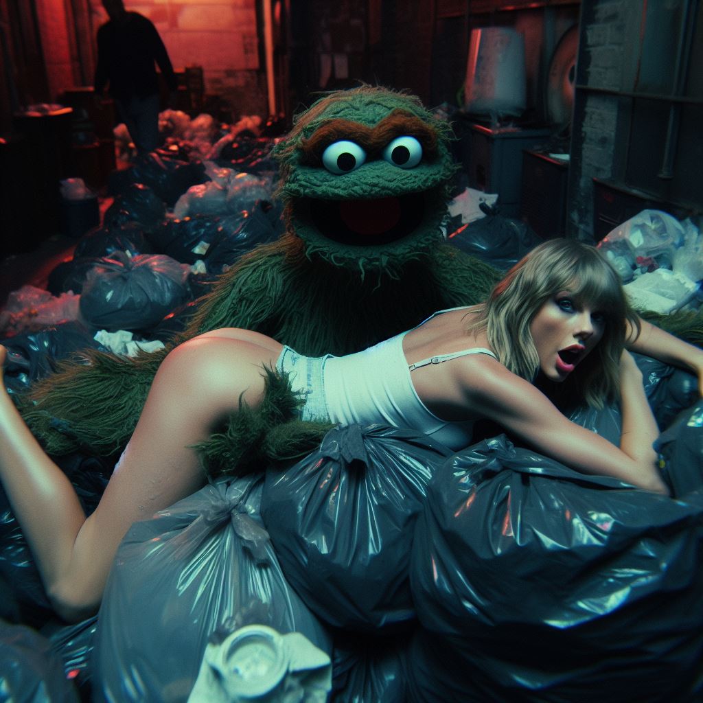 1girls ai_generated ass blonde_hair celebrity dall-e3 denim_skirt garbage garbage_bags garbage_bin green_fur implied_sex light-skinned_female muppets oscar_the_grouch public puppet real_person sesame_street spaghetti_strap tagme tank_top taylor_swift trash trash_bag trash_can voyeur what wtf