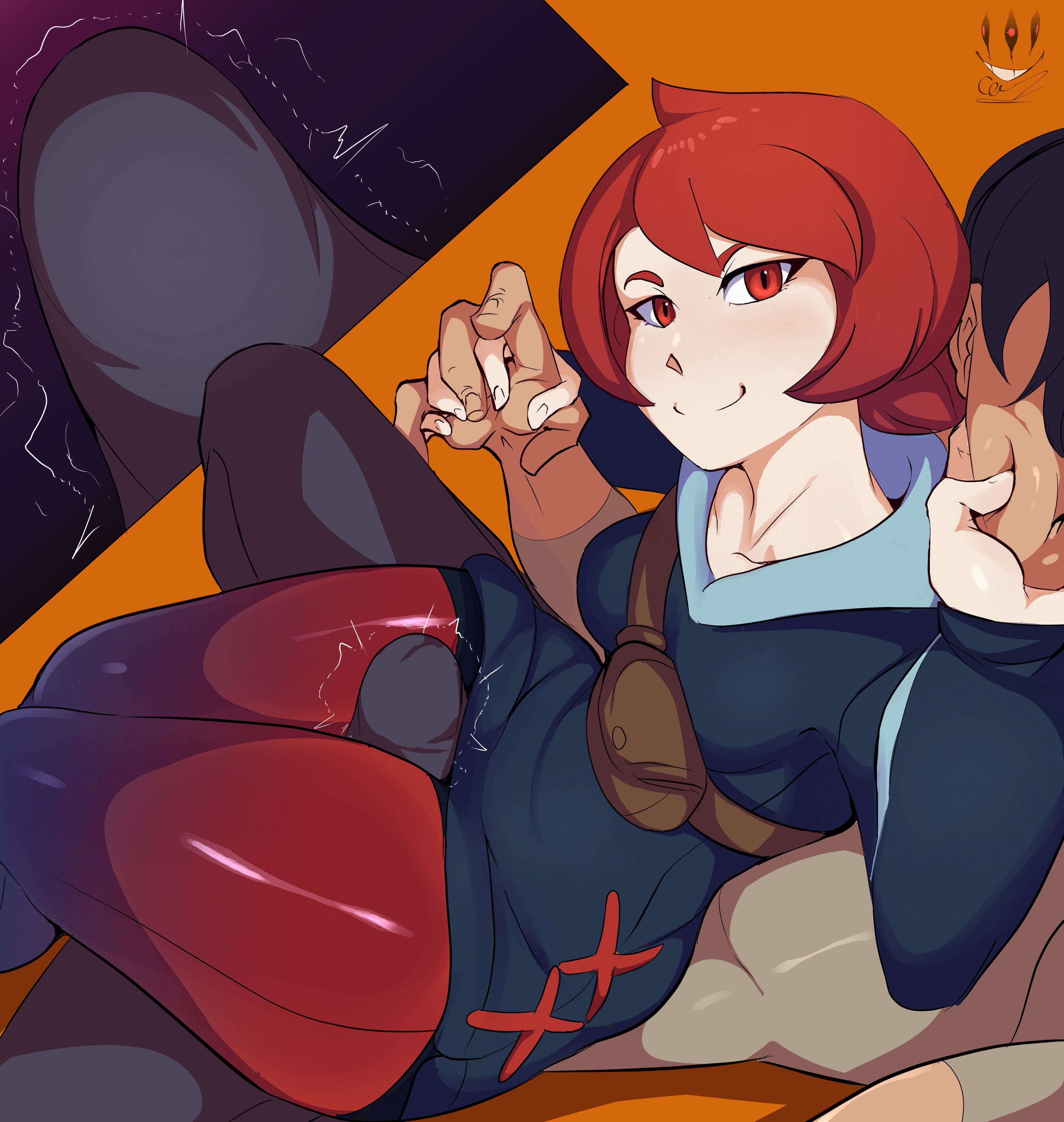 1boy, 1girls, arezu (pokemon), between thighs, citez, clothed, female, looking at viewer, looking back, male, pokemon, presenting, red eyes, red hair, reverse cowgirl position, short hair, sitting, smile, thick thighs, thigh sex, through clothes