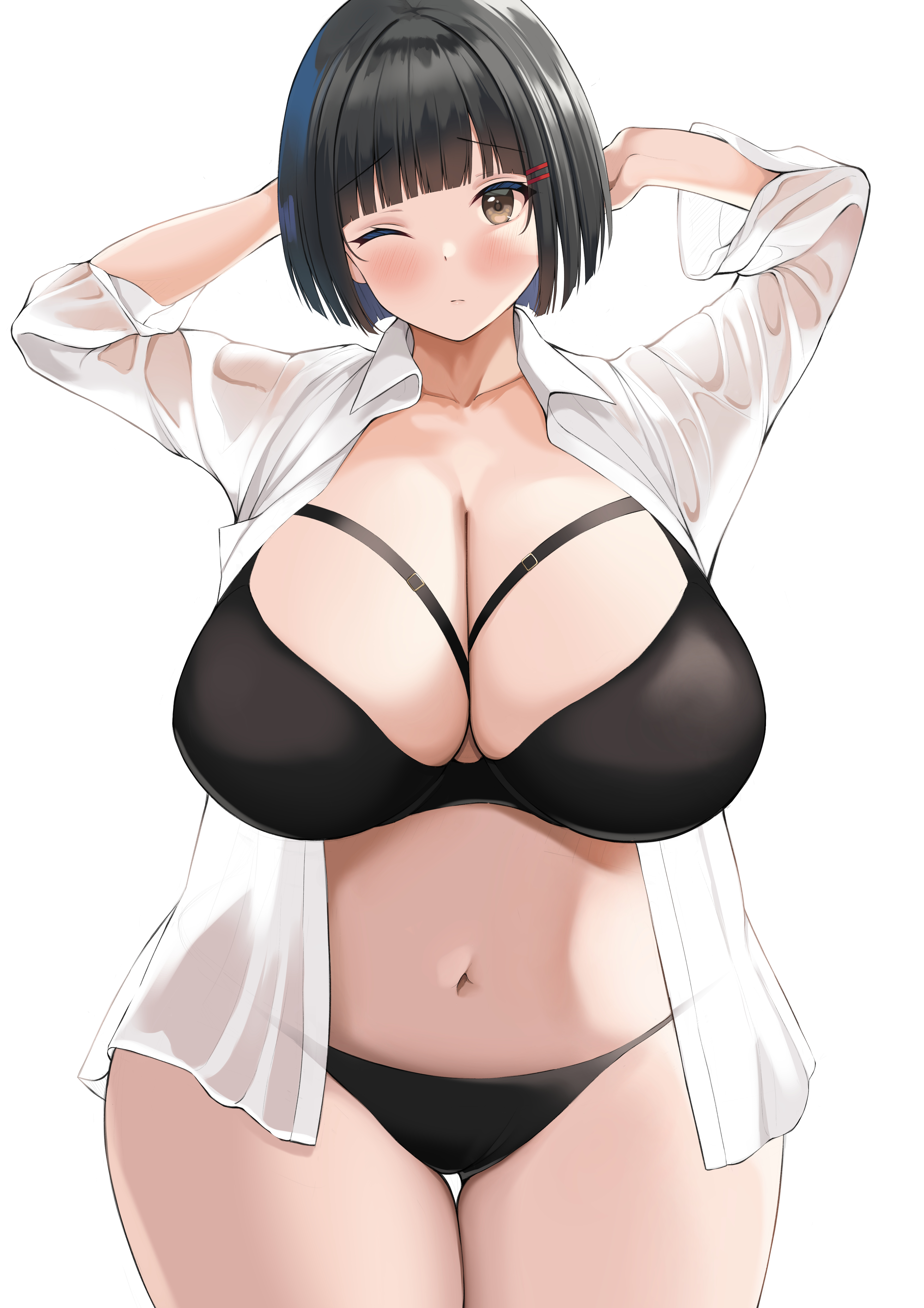 1girls, 2022, armpits, arms up, black bra, black panties, bra, breasts, brown hair, chubby, female, female only, hi res, hips, huge breasts, light skin, light-skinned female, neneneji, open shirt, original, original character, panties, short hair, thick thighs, thighs, wide hips