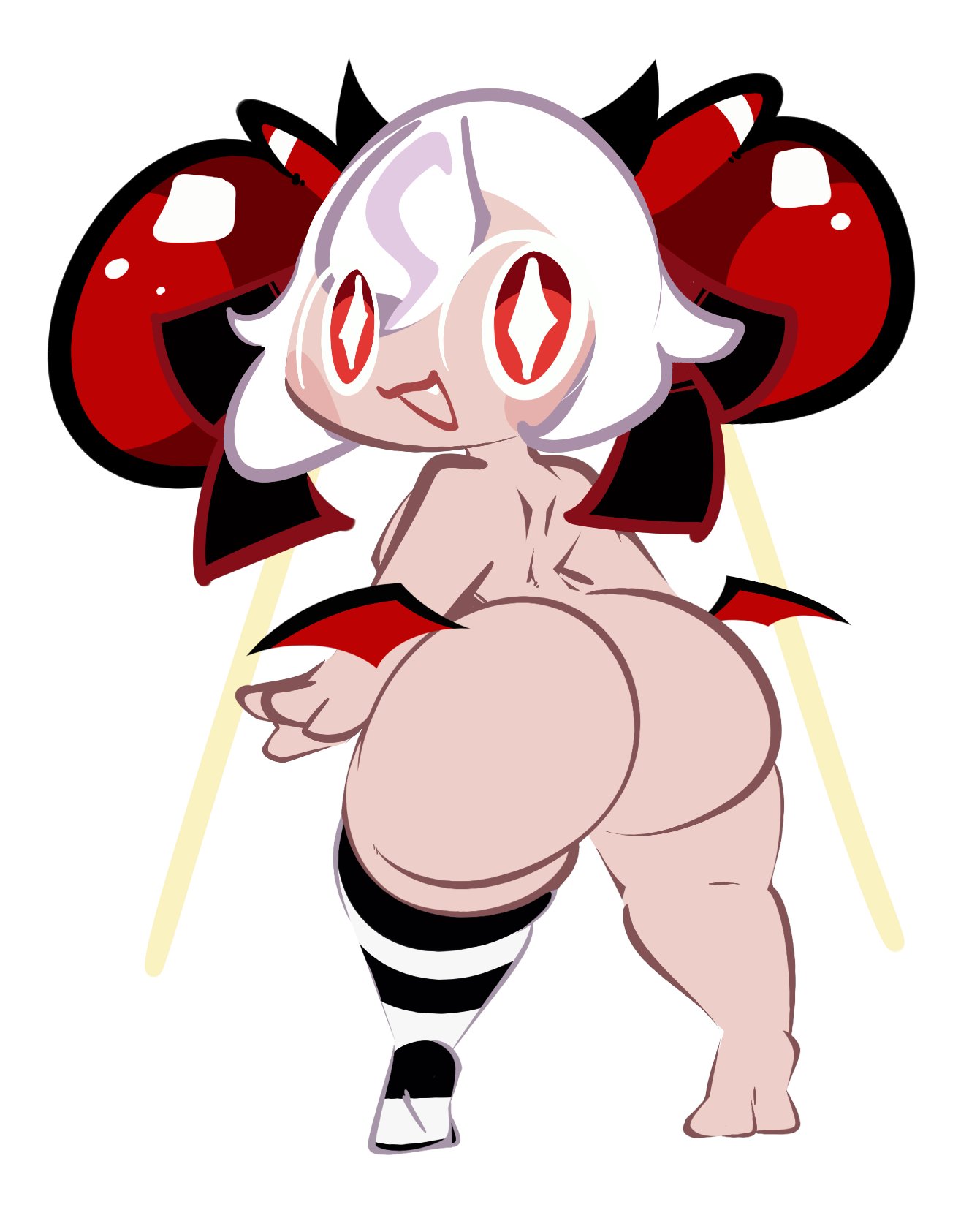 :3d, 1-upclock, 1girls, 1upgobbo, ass, ass focus, back view, barefoot, big ass, black and white socks, black and white stripes, candy apple, candy apple cookie, cat mouth, cookie (cookie run), cookie run, cookie run kingdom, cookie run witch's castle, fang, fat ass, female, hip wings, horns, light skin, light skinned female, looking at viewer, looking back, nipples out of frame, nude, oerba yun fang, one sock, one sock on, red eyes, red eyes female, short hair, short hair bangs, solo, solo female, thick ass, turned head, twintails, white background, white hair, white hair female, white pupils