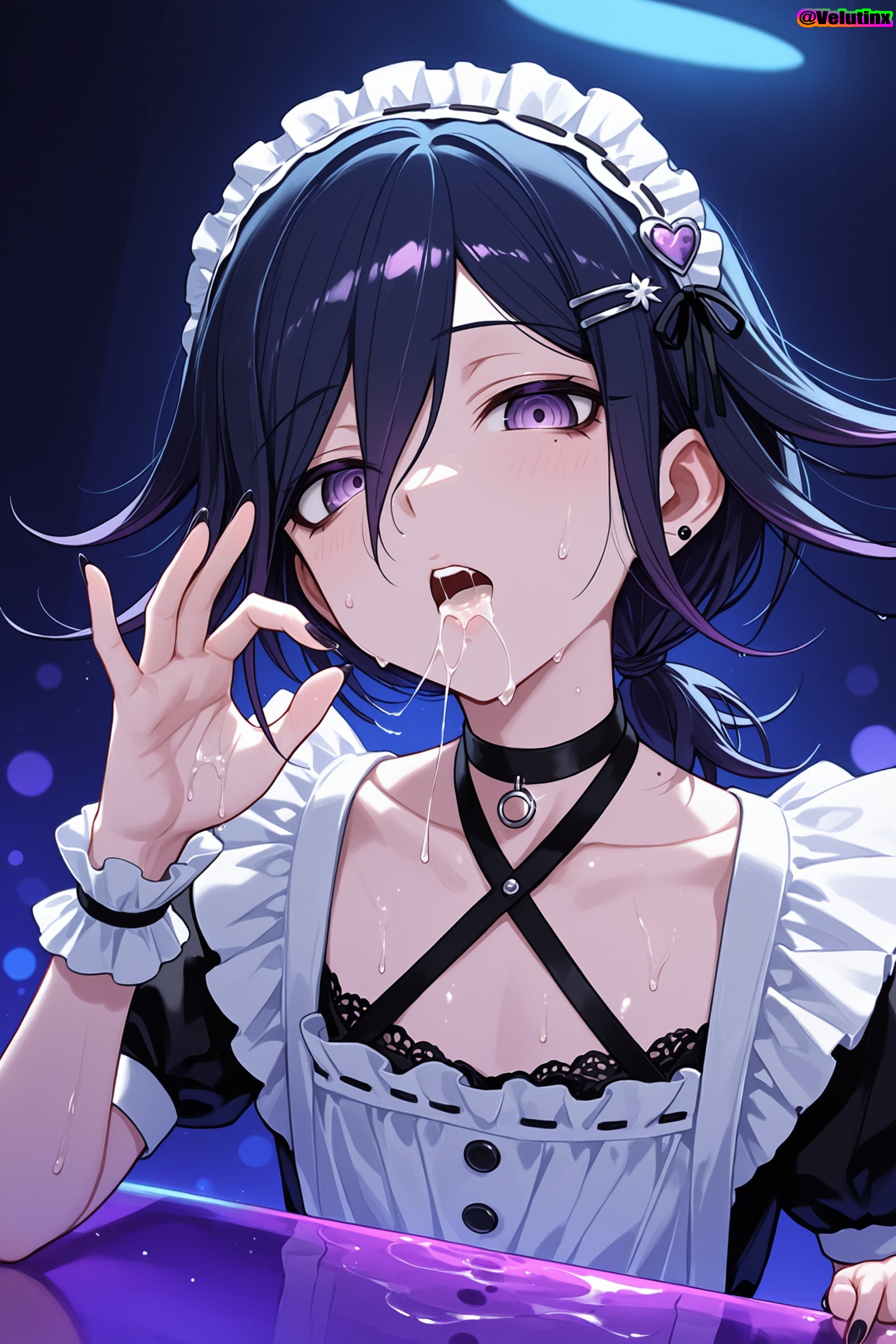 1boys, 1femboy, ai generated, ass, black nails, bra, bra strap, bubble ass, bubble butt, choker, collarbone, criss-cross halter, danganronpa, danganronpa v3, earrings, enmaided, femboy, feminine body, feminine faced male, feminine male, flat chest, hairband, handjob gesture, hi res, high quality, high resolution, highres, huge ass, long hair, maid, mole, open mouth, otoko no ko, ouma kokichi, paid reward available, panties, petite, petite body, ponytail, purple eyes, purple hair, saliva, saliva string, saliva trail, slim waist, sweat, sweatdrop, sweating, thick thighs, trap, velutinx, visible breath, wet, wet body, wrist cuffs, yaoi