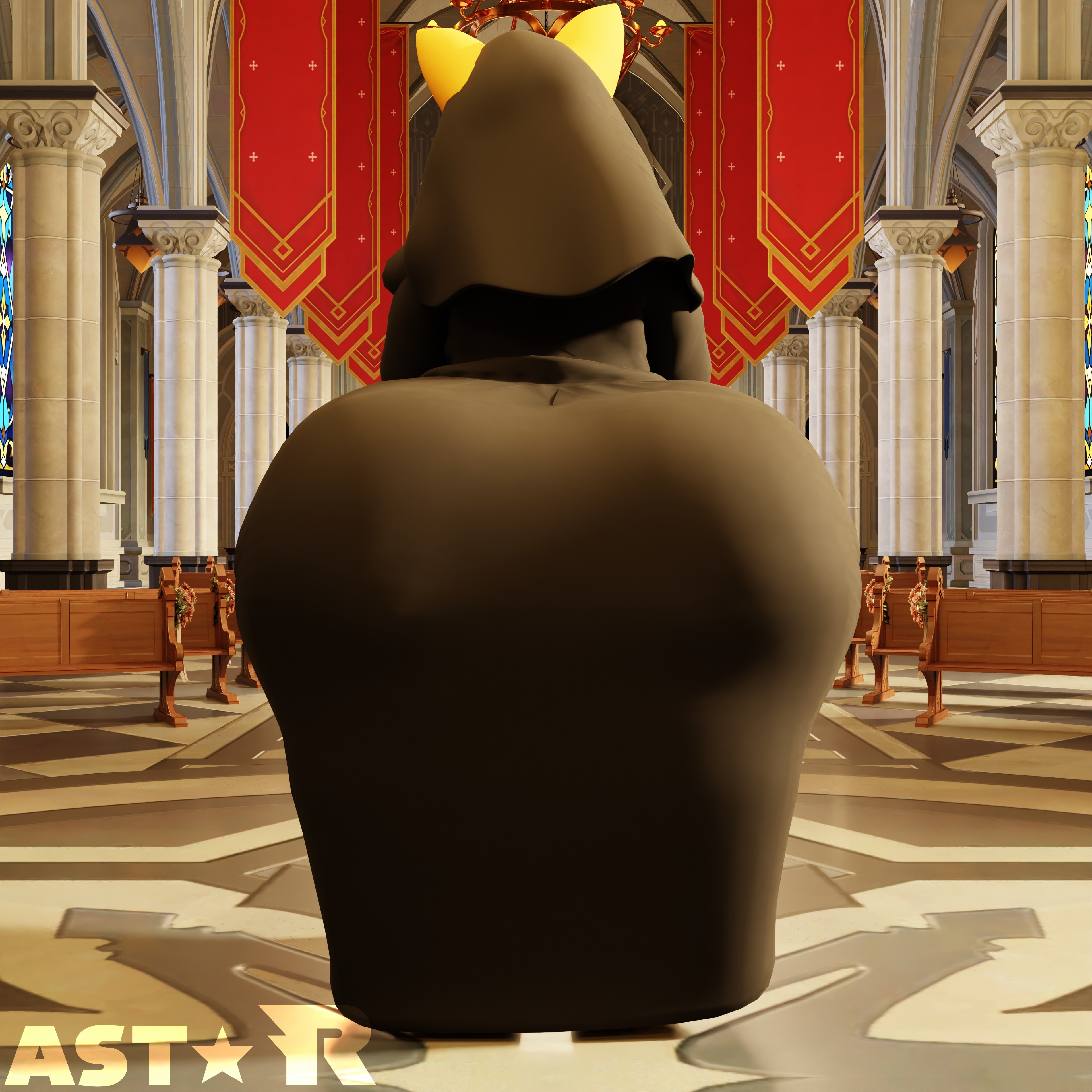 1boy, anthro, ass, ass focus, back view, big ass, bubble butt, canid, canine, church, church background, church interior, femboy, fox, huge ass, hyper ass, large ass, male, male only, nun, nun outfit, praying, sega, sonic (series), sonic the hedgehog (series), sparkliiastor, tails, tails the fox, thick thighs, wide hips
