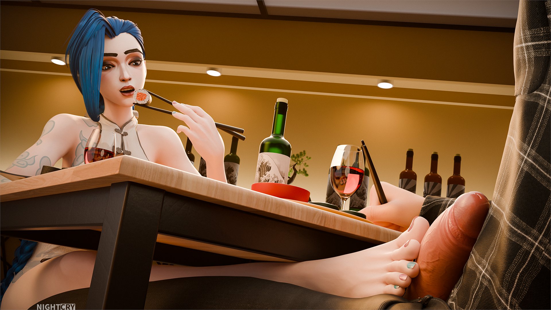 1boy, 1girls, 3d, arcane, arcane jinx, barefoot, blue hair, eating, feet, female, foot fetish, footjob, footjob under table, hidden, jinx (league of legends), league of legends, male, nightcrynsfw, painted toenails, penis, public, restaurant, straight, tattoo, tattoos, toes, under the table