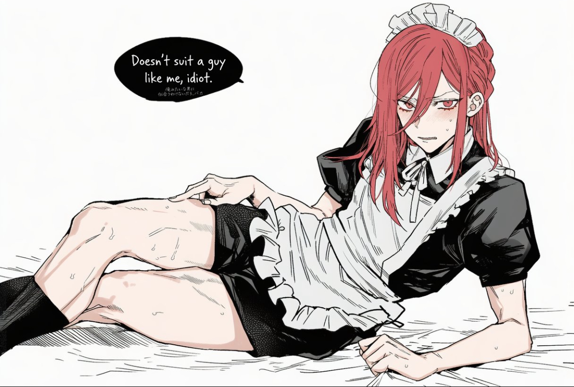 ai assisted, angry, angry expression, blue lock, bratty, bratty submissive, english text, female, female only, feminine body, hyoma chigiri, looking at viewer, maid, maid outfit, maid uniform, pale skin, red eyes, red hair, slender body, talking to viewer, text, twink, uniform