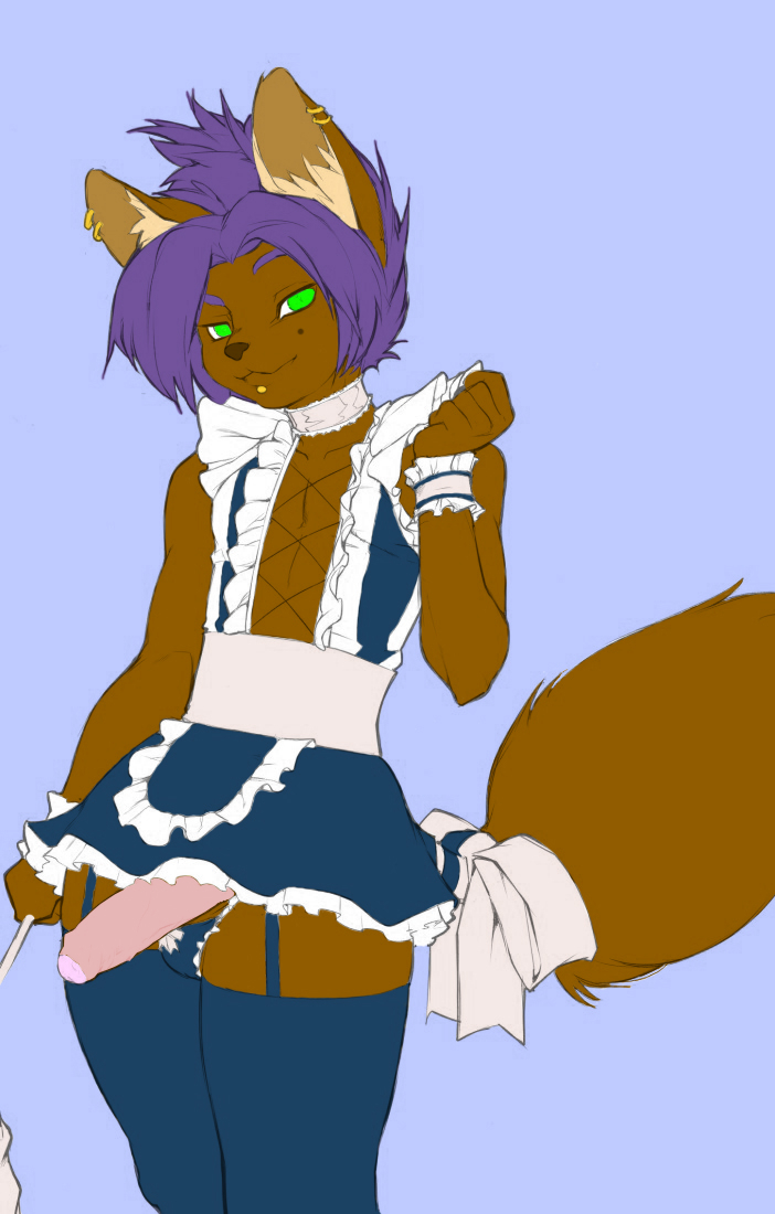 1boy anthro canine color crossdressing duster fox fur furry katsumifur maid maid_uniform male male_only midriff onta peeping penis piercing skirt solo uncut