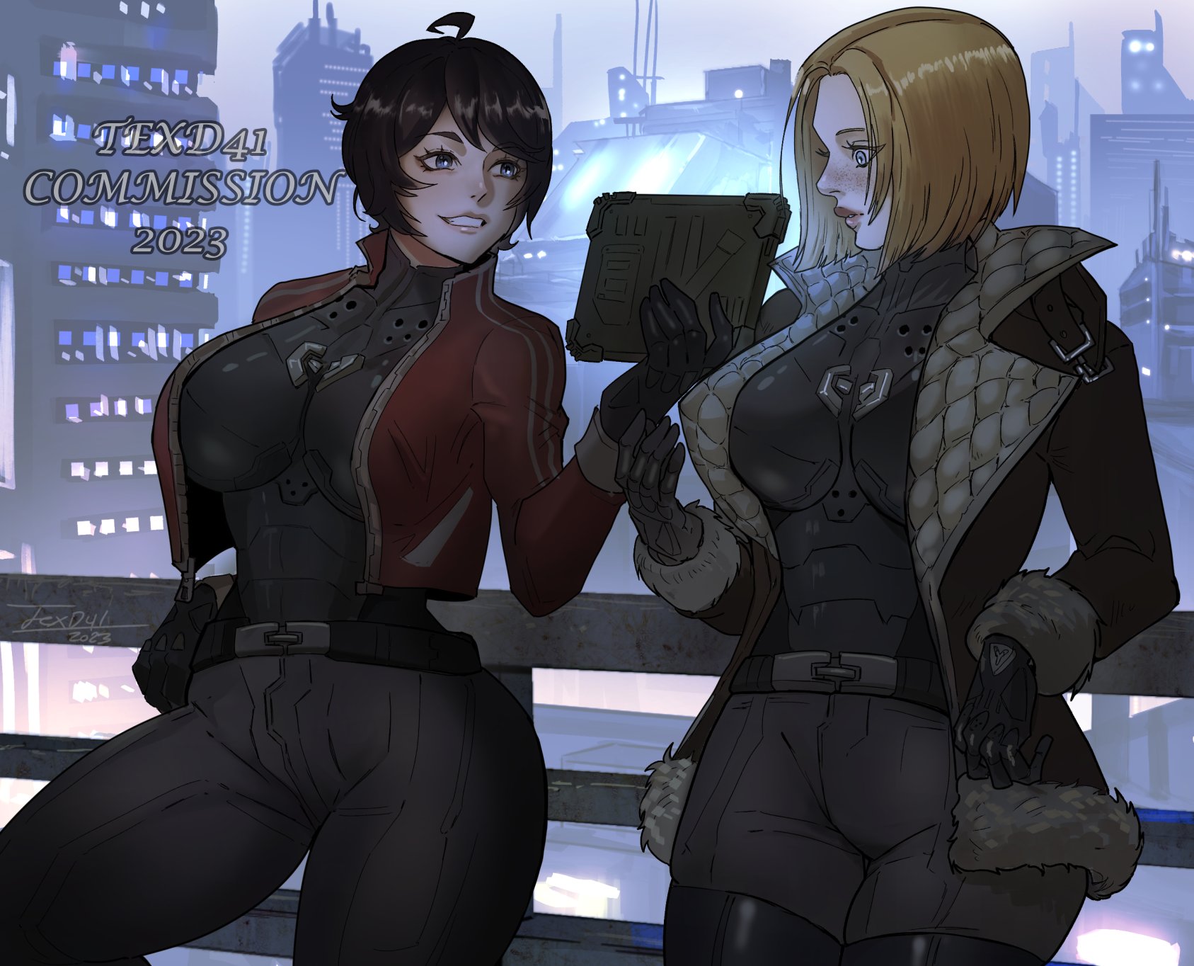 2girls, alys-a171, black hair, blonde hair, blue eyes, bodysuit, breasts, clothed, female, female spartan (halo), halo (series), jacket, jacket open, madison-a390, smile, smiling, spartan (halo), tagme, techsuit, texd41