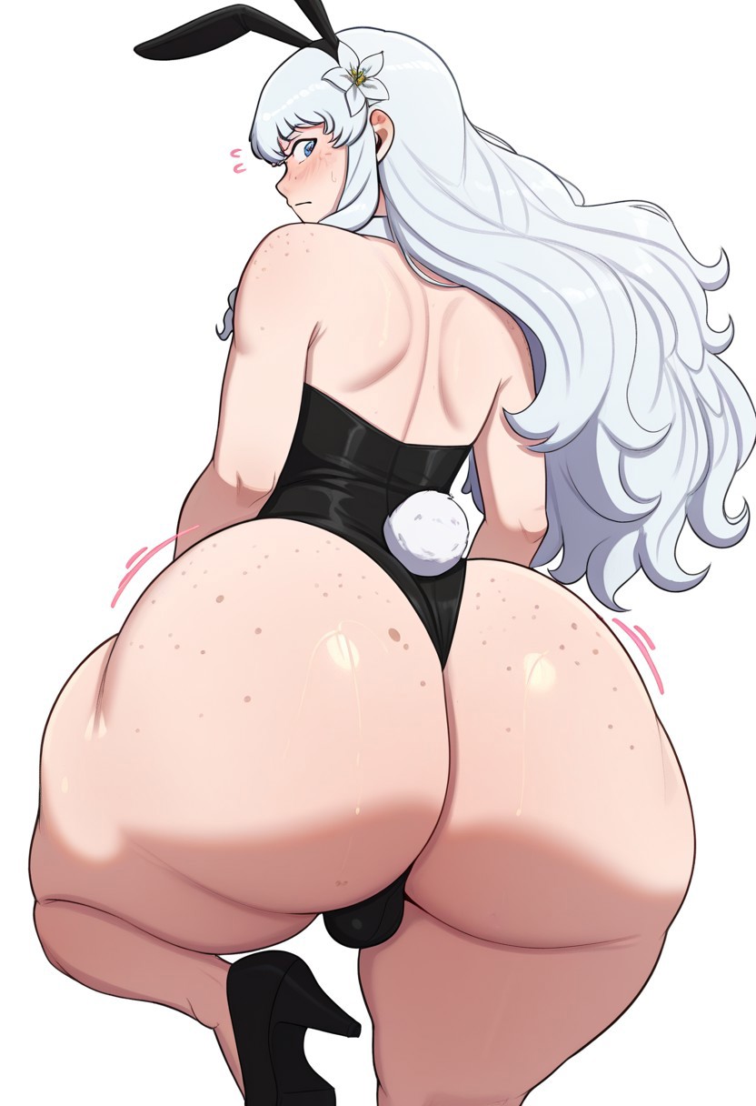 1boy, 1femboy, 2025, ai generated, alternate version available, ass, balls, berserk, big ass, black high heels, black leotard, blue eyes, blush, bunny ears, bunny tail, bunnysuit, civitai, crossdressing, femboy, feminine male, freckles, freckles on ass, freckles on face, girly, gororomb, griffith, high heels, large ass, leotard, long hair, looking at viewer, looking back, playboy bunny, simple background, solo, testicles, thick thighs, thighs, trap, white background, white hair