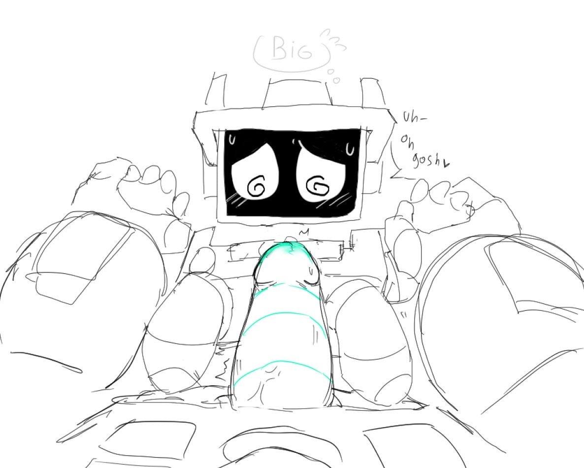 2boys, blush, brawl stars, deep blue(artist), duo, embarrassed, gay, genital fluids, genitals, male, male only, male/male, penis, precum, r-t (brawl stars), robot, simple background, size difference, sketch, supercell, surge (brawl stars), sweat, sweatdrop, text, thought bubble