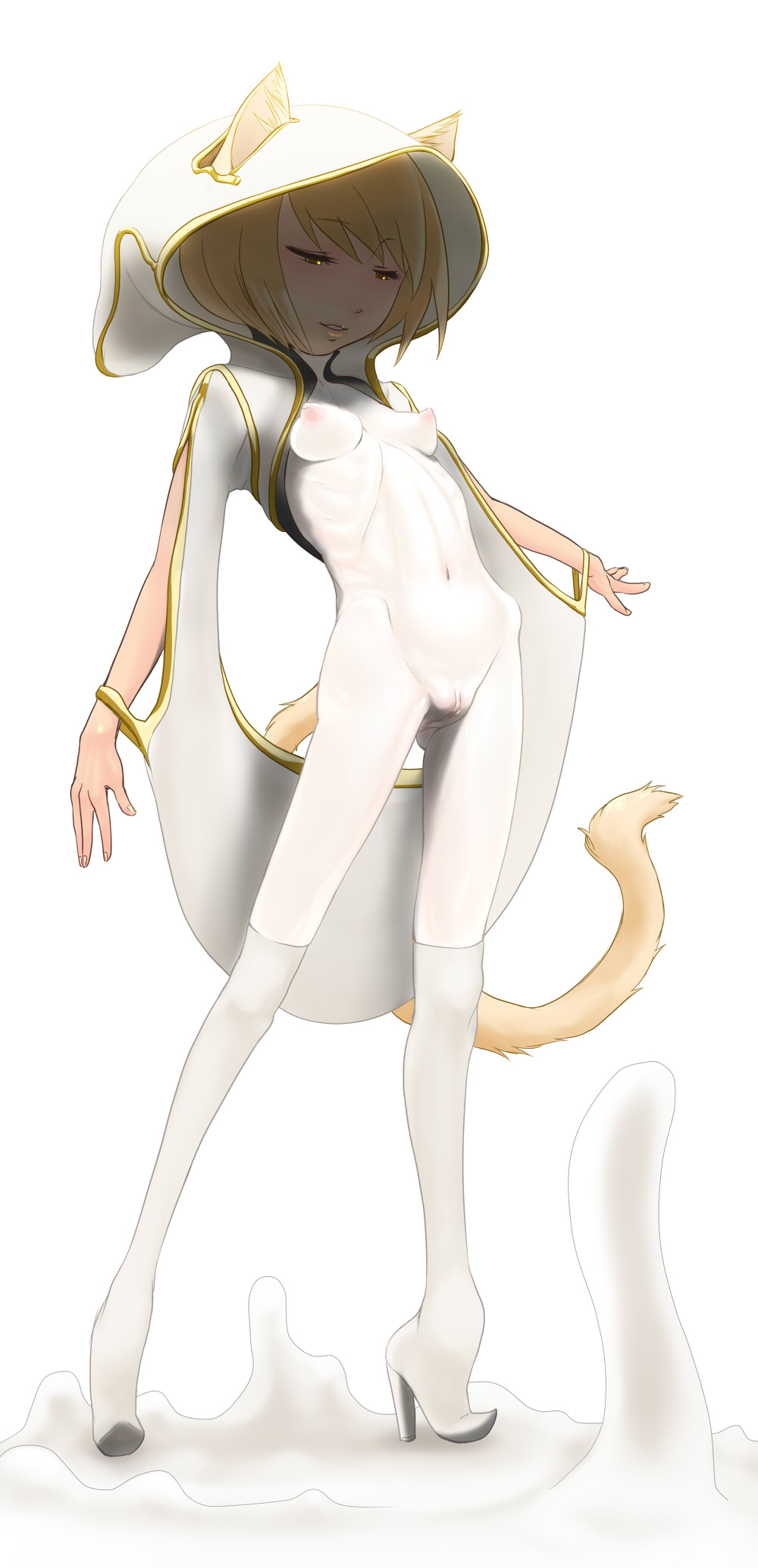 animal_ears atomic_bomb blonde_hair bodysuit breasts cat_ears cat_tail catgirl female goo hair hood loose-loop-loomed mage magic nipples pussy solo tail