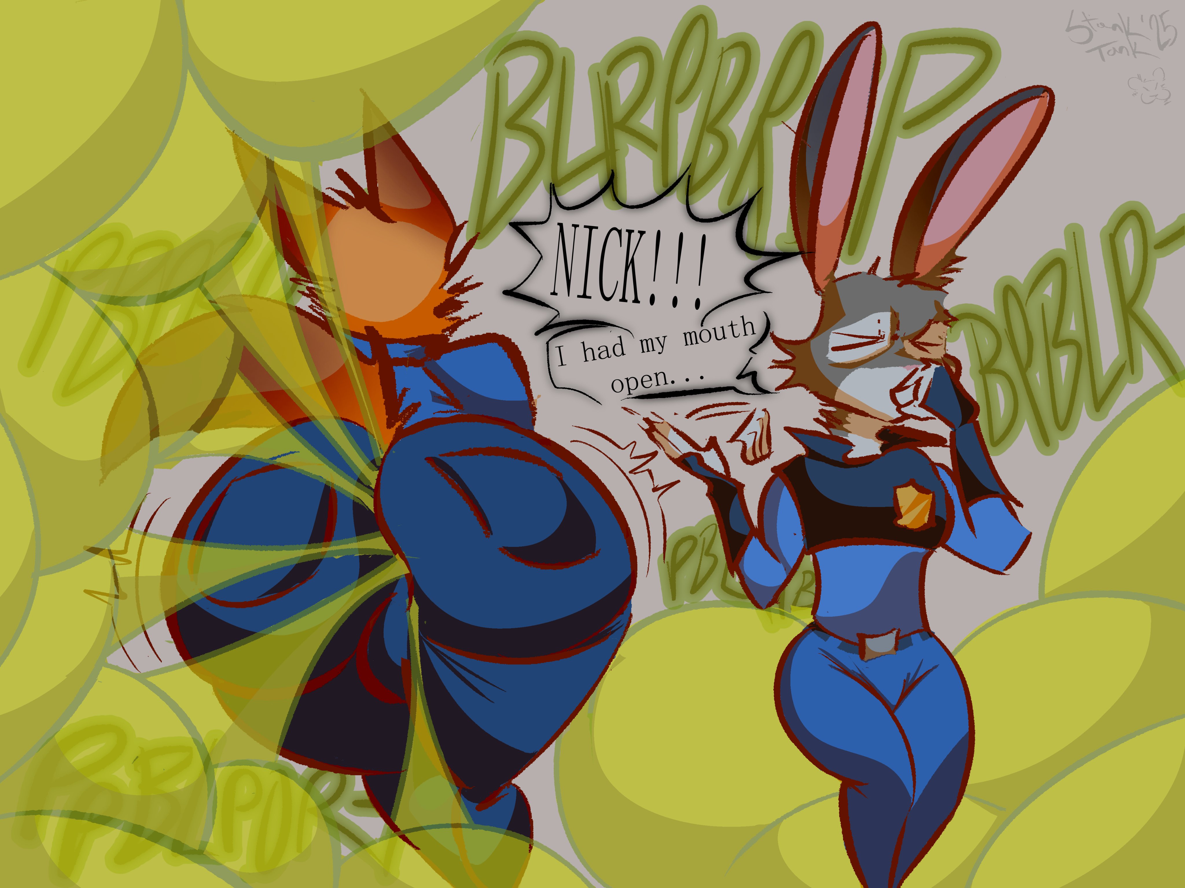 1boy1girl, 2d, ass, back to viewer, bending over, big ass, clothing, disgusted, english text, fart, fart cloud, fart fetish, fart focus, farting, farting at viewer, female, fox, fully clothed, furry, furry only, green fart, green fart cloud, judy hopps, lagomorph, male, male fart, nick wilde, no genitals, no sex, onomatopoeia, pinching nose, police, police uniform, presenting hindquarters, rabbit, red fur, simple background, stanktank, tagme, tail, text, thick thighs, tight clothing, uniform, zootopia