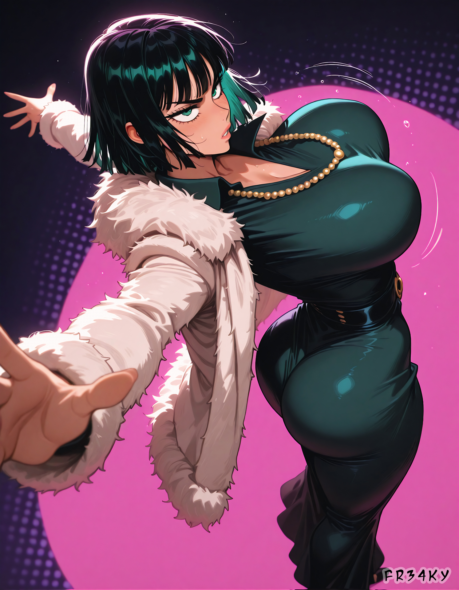 ai generated, ass, dress, fr34ky, fubuki (one-punch man), green eyes, huge breasts, long dress, one-punch man, tight clothing, tight dress