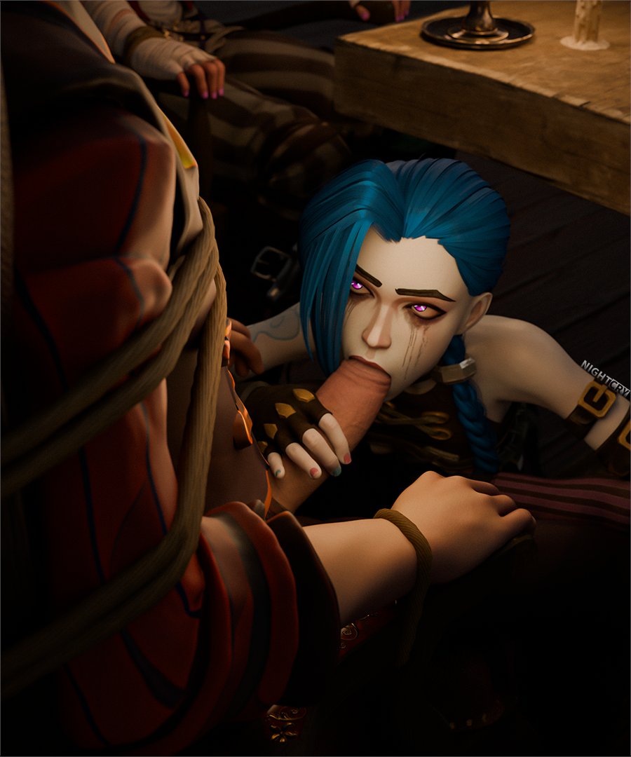 1boy, 2girls, 3d, adoptive daughter, adoptive incest, age difference, arcane, arcane jinx, arcane vi, blowjob, blue hair, fellatio, female, handjob, jinx (league of legends), league of legends, male, nightcrynsfw, oral, penis, purple eyes, restrained, ruined makeup, runny makeup, silco (arcane), straight, tied up, vi