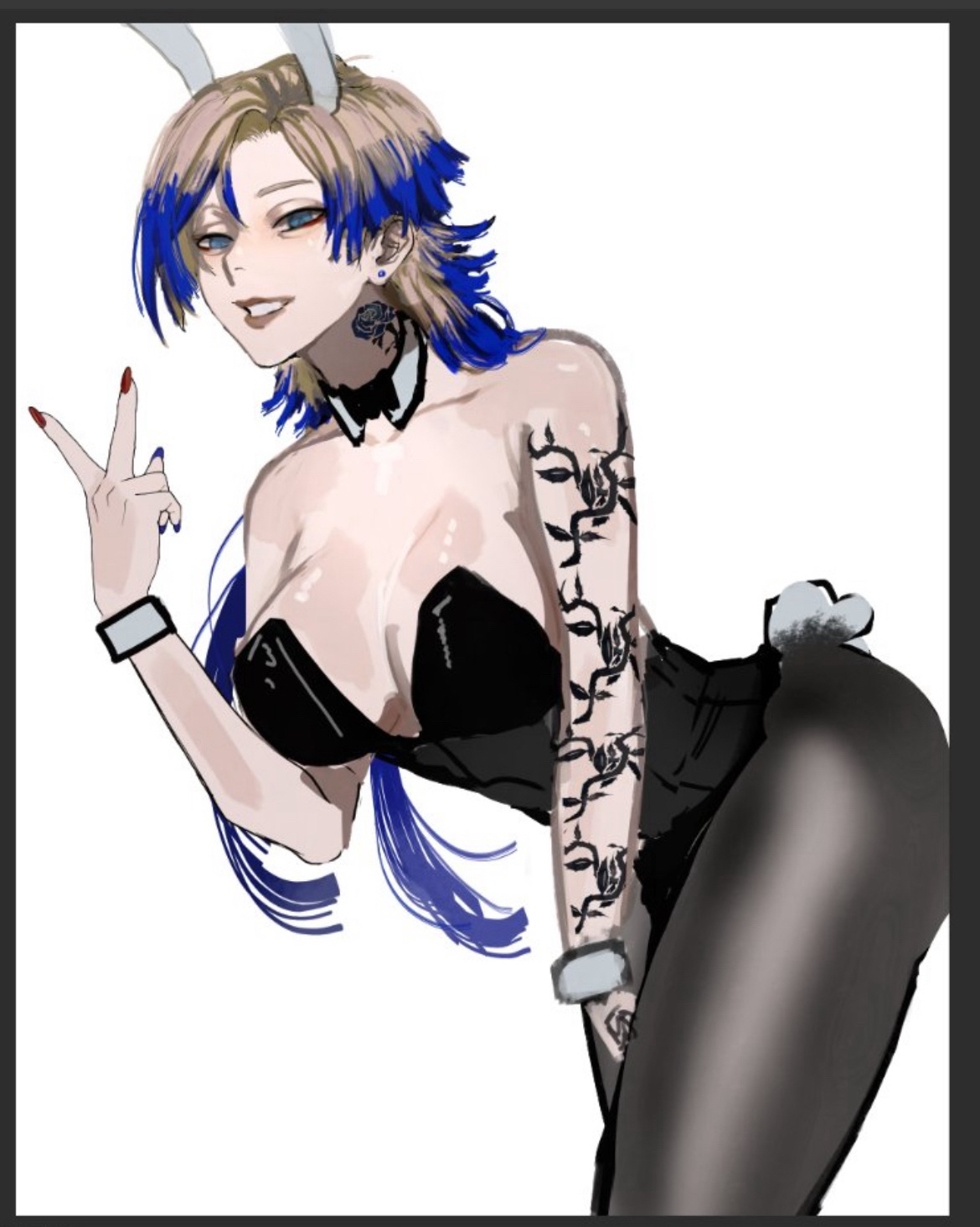 ass visible from the front, big breasts, blonde female, blonde hair, blue and yellow, blue eyes, blue hair, blue lock, boobs focus, breasts, bunny, bunny costume, bunny ears, bunny girl, bunny tail, cleavage, curvy, curvy female, curvy figure, dyed hair, female, female only, femlock, genderbend, genderswap, german female, hand between thighs, hips, kaiser michael, michael kaiser, pale skin, peace sign, rule 63, soft breasts, solo female, tattoo, tattoo on arm, tattooed arm, thighs, titties, waist, white female