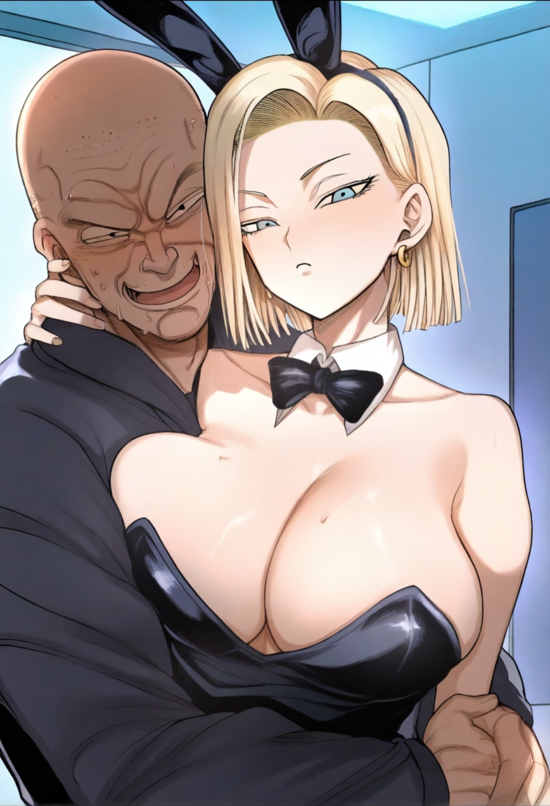 1boy, 1boy1girl, 2025, absurd res, absurd resolution, absurdres, ai generated, android 18, anime, aqua051, beauty, big breasts, black clothing, blonde female, blonde hair, blue eyes, blush, breasts, bunny costume, bunny ears, bunny girl, bunnysuit, cheating, cheating wife, clothed, clothing, cuddling, dragon ball, dragon ball z, duo, duo focus, ear piercing, earrings, exposed breasts, eyebrows, female, female focus, hair, hi res, high quality, high resolution, highres, hug, huge breasts, hugging, human, indoors, inside, large breasts, light skin, light-skinned female, looking at viewer, male, massive breasts, netorare, ntr, older male, open mouth, pose, posing, short hair, simple background, smile, smiling, smiling at viewer, standing, straight, sweat, tagme, tail, ugly bastard, ugly man, uncensored, watermark, white body, white skin, younger female