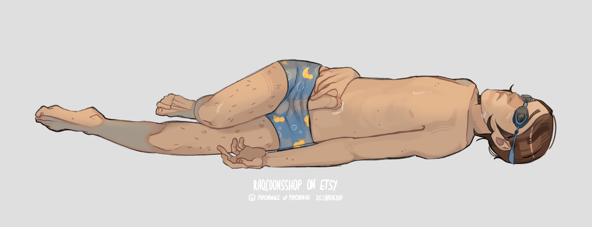 auburn hair, big penis, capraekid, colored, dispatch (game), duck, feet, hairy legs, laying down, male only, penis out, pink tip, precum, precum drip, precum on penis, skinny, skinny male, solo male, spots, spotted body, staring at viewer, swimming goggles, swimming trunks, swimwear, waterboy (dispatch), wet body, wet hair, white background