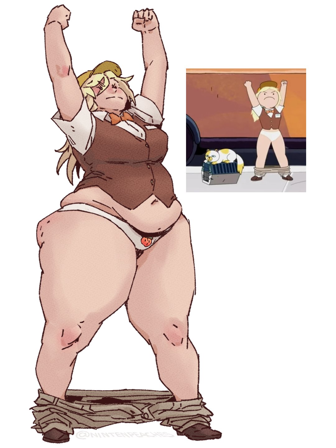 1girl, 1girls, adventure time, adventure time: fionna & cake, big ass, canon, canonical scene, chubby, chubby female, fat, female, female focus, female only, fionna and cake, fionna campbell, fionna flashing the queen of ooo, fionna the human girl, nintenpeaches, panties, pants, reference image, solo, solo female, solo focus, yellow hair