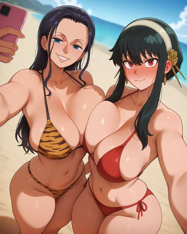 2girls, ai generated, beach, beach background, big breasts, bikini, black hair, blue eyes, blush, breasts, confident female, crossover, earrings, female, female only, hair, huge breasts, leopard print, leopard print bikini, light skin, light-skinned female, long hair, mature, mature female, milf, nico robin, one piece, phone, red bikini, red eyes, sand, selfie, selfie pose, smile, smiling, spy x family, waifuinvoker, water, yor briar, yor forger