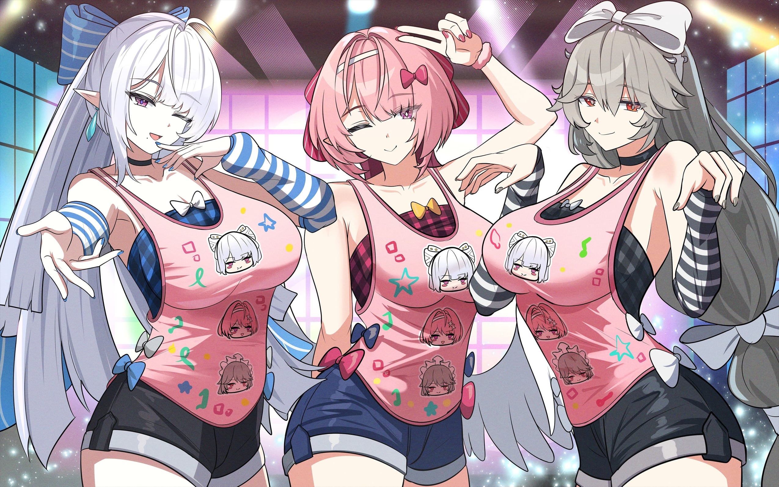 3girls, alexandrina sebastiane, alternate costume, angels of delusion, aria (zenless zone zero) (cosplay), arm warmers, bare shoulders, bibitapel, big breasts, choker, cosplay, female, female focus, female only, hair over one eye, highres, kfc, large breasts, light skin, light-skinned female, long ears, long hair, looking at viewer, medium hair, nangong yu (zenless zone zero) (cosplay), one eye closed, pale skin, pale-skinned female, pink eyes, pink hair, pointy ears, purple eyes, red eyes, remielle dan, shorts, sunna (zenless zone zero) (cosplay), tank top, velina airgid, wink, zenless zone zero