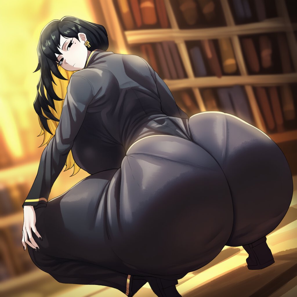 1girls, ai generated, ass, ass bigger than head, ass focus, big ass, binah, binah (project moon), black clothing, black eyes, black hair, cinderhee, earrings, female, female only, from behind, huge ass, indoors, library of ruina, lobotomy corporation, looking at viewer, looking back, mole under eye, multicolored hair, pale skin, pale-skinned female, project moon, solo, solo female, squatting, tagme, tight clothing, yellow hair