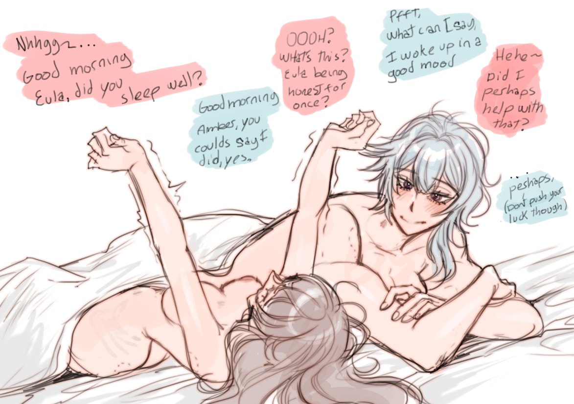 2girls, after sex, amber (genshin impact), bite mark, bite mark on ass, bite mark on shoulder, bite marks, blush, brown hair, cute, dialogue, eula (genshin impact), female, female only, genshin impact, hoyoverse, lesbian focus, lonupichi810, mihoyo, muscular, muscular female, stretching, text, toned, toned female, wholesome, yawning, yuri
