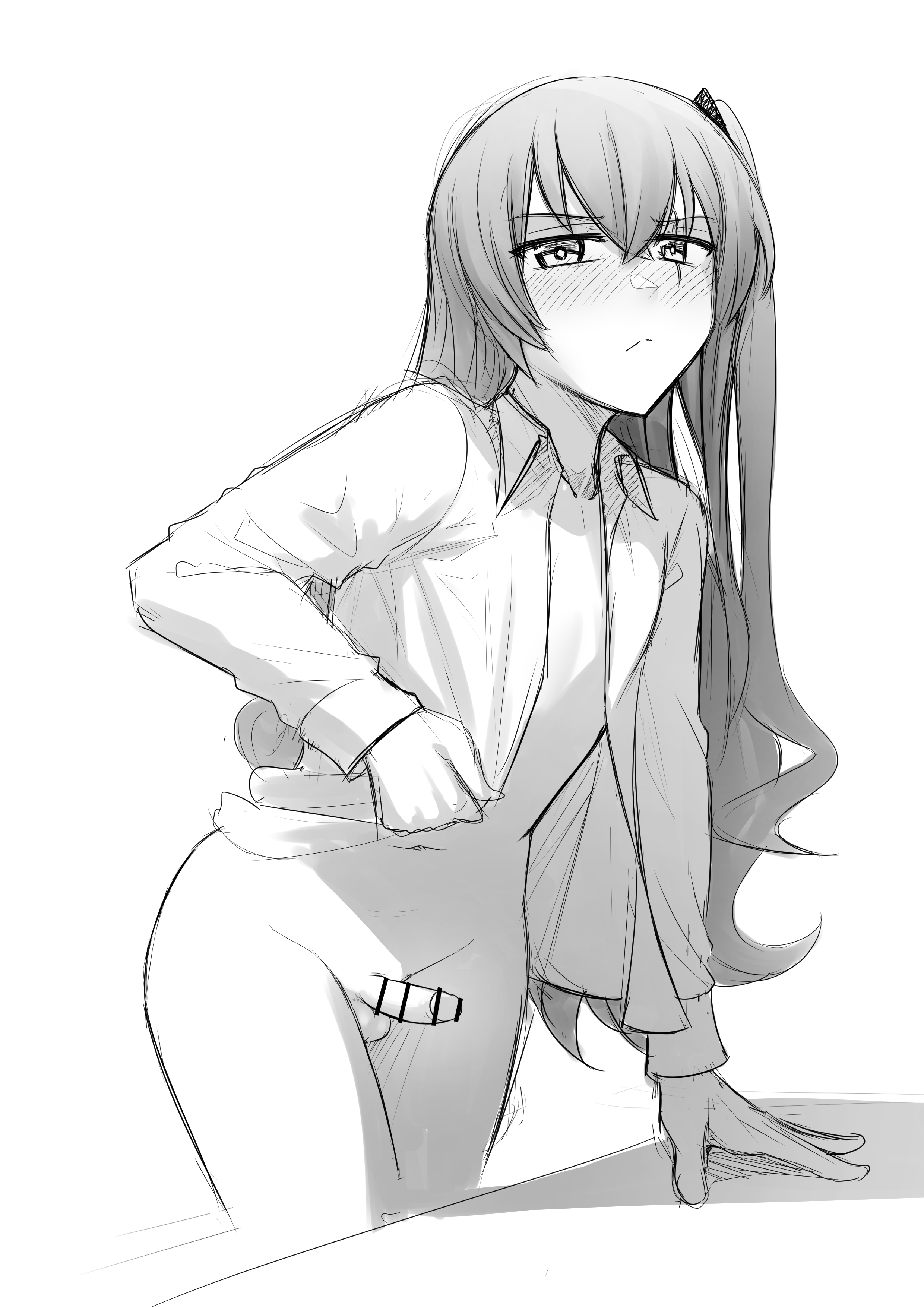 1boy, blush, bottomless, censor bar, censored, closed mouth, collared shirt, feet out of frame, femboy, flat chest, genderswap, genderswap (ftm), girls' frontline, greyscale, hair ornament, long hair, looking at viewer, monochrome, navel, open shirt, otoko no ko, penis, rule 63, scar, scar on face, senpaihawkkun, shirt, shirt only, side ponytail, sketch, small penis, trap, ump45 (girls' frontline)