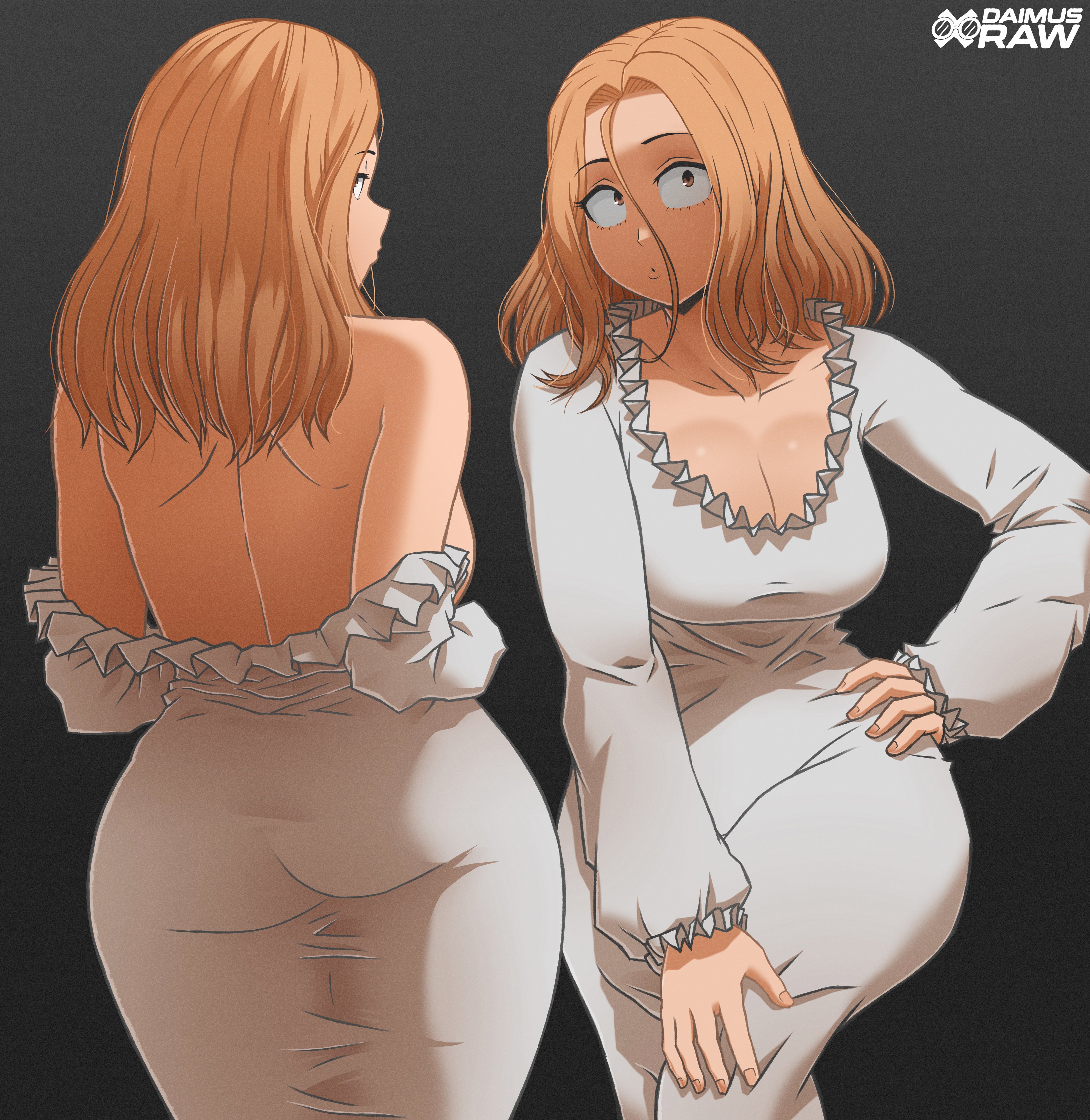 1girls, back view, big breasts, blonde hair, blonde-haired female, boku no hero academia, breasts, brown hair, camie utsushimi, daimusraw, my hero academia, utsushimi camie, white dress