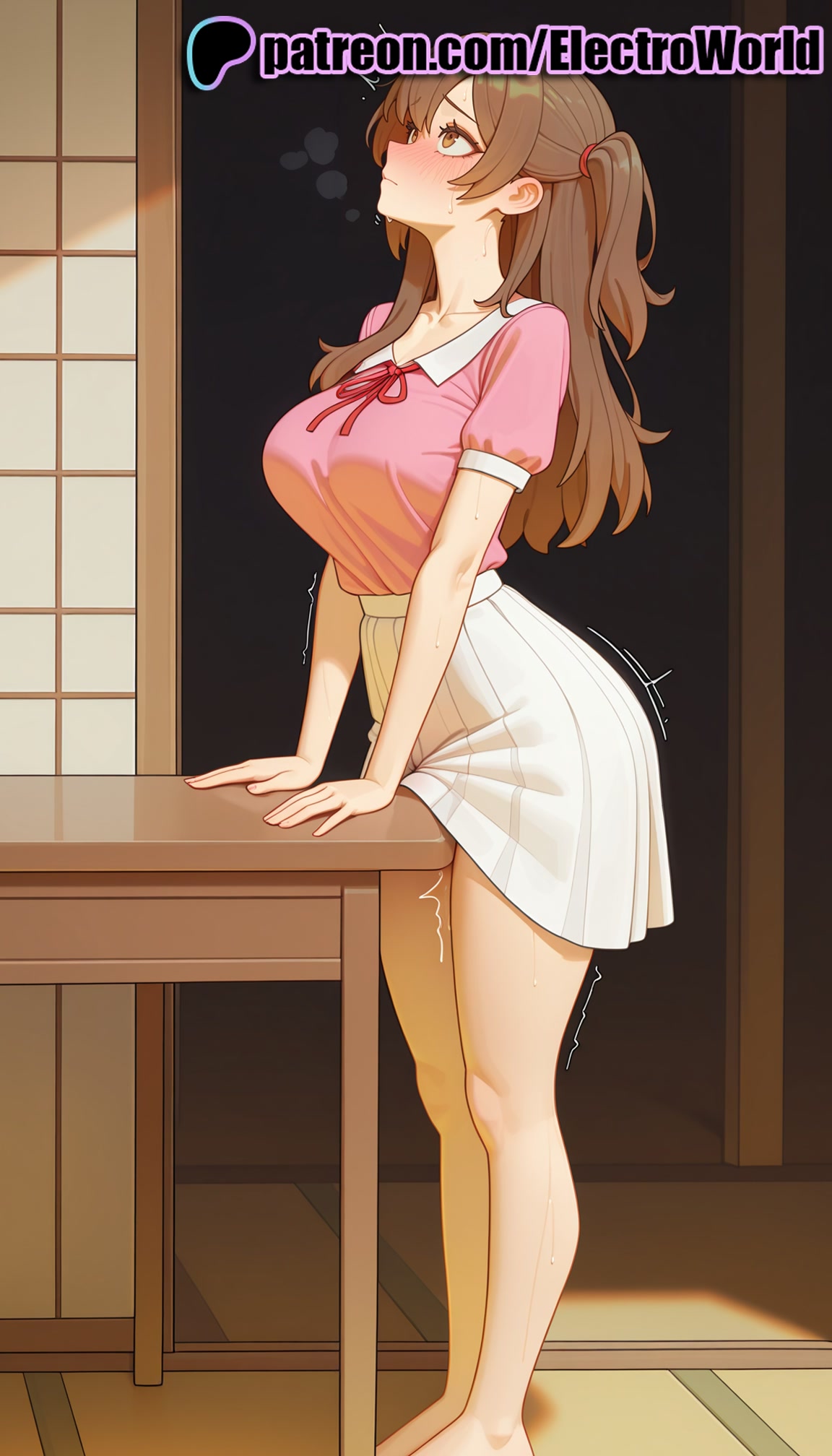 1girls, 2025, ai generated, artist name, barefoot, big breasts, big chest, blush, breasts, brown hair, bust, busty, chest, electroworld, female, hi res, high quality, high resolution, highres, indoors, kanojo okarishimasu, large breasts, long hair, mizuhara chizuru, motion lines, patreon, patreon username, pussy juice, solo, stable diffusion, sweat, trembling, watermark