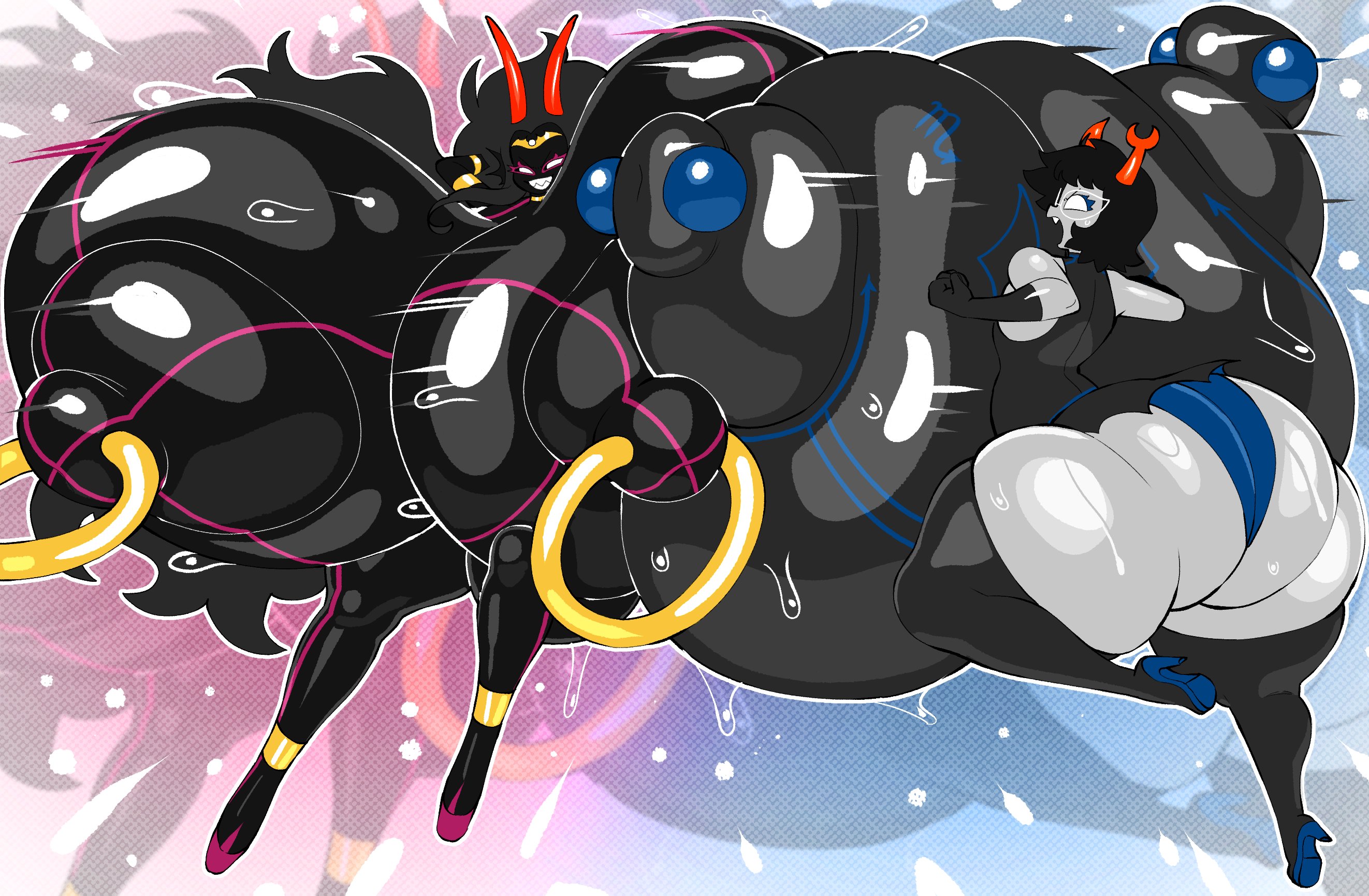 2girls, ancestor (homestuck), angstrom, aranea serket, asymmetrical horns, black hair, bodysuit, breasts, grey body, high heels, homestuck, horns, hyper, hyper breasts, nipple piercing, nipple rings, sharp teeth, smiling, tagme, the condesce, top heavy, troll (homestuck)