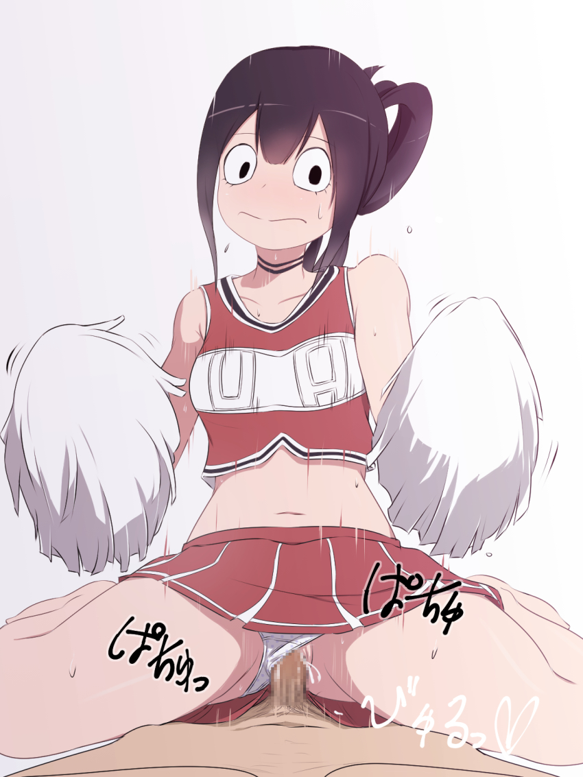 blush, breasts, censored, cheerleader, clothes writing, cosplay, cowgirl position, cum, cum in pussy, female, gradient, gradient background, highres, long hair, lustoid, lustoid (pixiv), male, my hero academia, navel, panties, panties aside, penis, pom poms, pussy, sex, solo focus, straddling, straight, sweat, tsuyu asui, u.a. cheerleader outfit, underwear, vaginal penetration