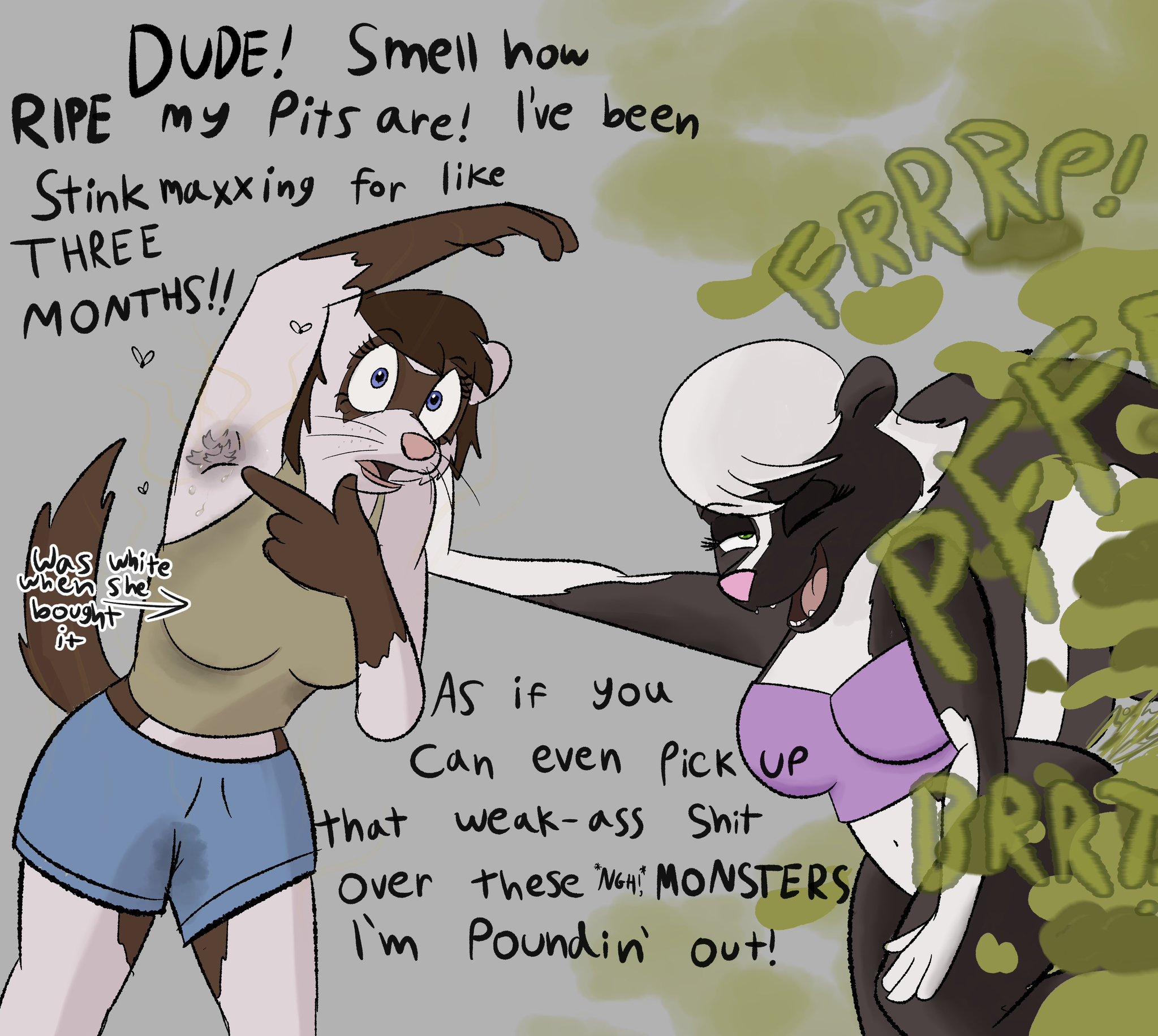 armpit fetish, armpits, blue eyes, bottomless, bra, bra only, brown hair, fart, fart cloud, fart fetish, farting, female, female focus, ferret, ferret girl, flies, flies for smell, furry, gassipon, gassipons, green eyes, lainey (gassipon), looking at viewer, mask (marking), oerba yun fang, one eye closed, open mouth, shorts, skunk, skunk girl, smelly, smelly armpits, stink fumes, stink lines, sweat, sweaty armpits, tail, talking to viewer, tank top, top wear, whiskers
