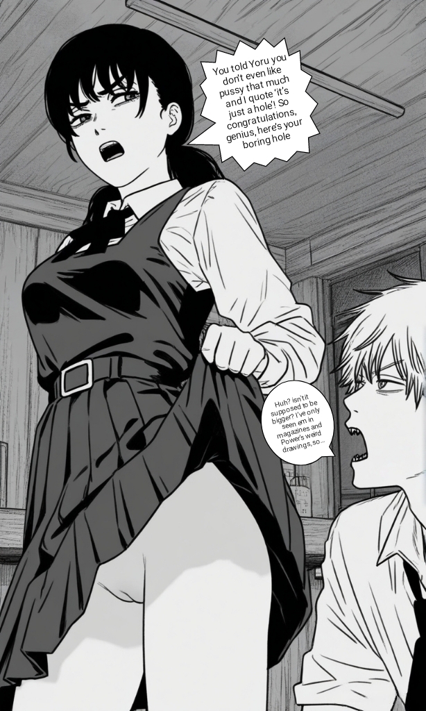 ai generated, angry, caption, chainsaw man, classroom, confused, denji (chainsaw man), dress lift, flashing, flashing pussy, huh?, lift skirt, manga, manga page, mitaka asa, skirt lift, speech bubble, text, text bubble