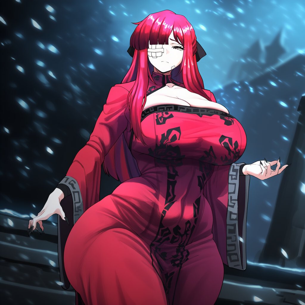1girls, ai generated, belly bulge, big breasts, big sleeves, breasts, breasts bigger than head, castle, child bearing hips, cinderhee, dress, eyepatch, female, female only, limbus company, long hair, long nails, outdoors, project moon, pudgy belly, red hair, redhead female, ribbon, robe, snow, snowing, soon to be apple, tagme, tight fit, wide hips, yuri (limbus company)
