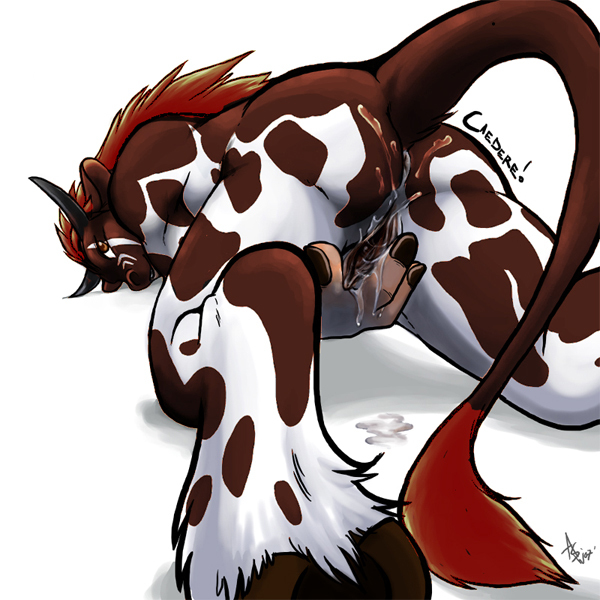 anthro anus ass bovine brown brown_eyes caedere face_markings female female_tauren fingering furry hair hooves horns juices long_hair looking_at_viewer looking_back masturbation messy nude pussy pussy_juice red_hair solo spots tail tail_tuft tauren tauren_female warcraft white_background white_fur world_of_warcraft