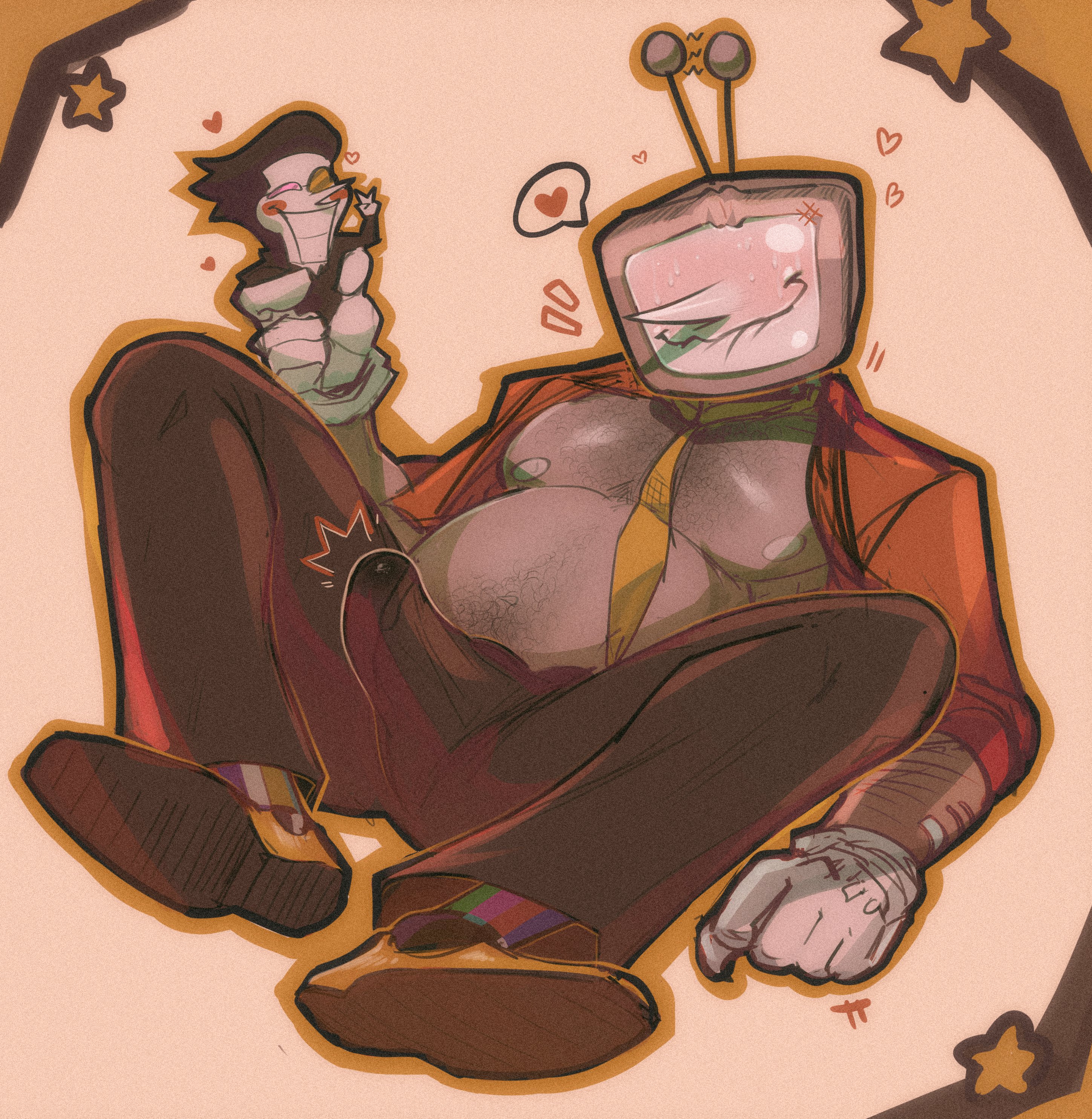 2020s, 2025, 2boys, 2d, blush, chubby, chubby male, clothed, dadbod, deltarune, erect cock, erect dick, erect penis, erection, erection through clothing, erection under clothes, erection under clothing, flushed, gloves, heart, heart symbol, looking at partner, male only, male/male, necktie, nervous, nervous smile, nipples, open shirt, precum on clothing, precum through clothing, smile, spamtenna, spamton g spamton, tagme, tenna (deltarune), tie, tv head, unbuttoned shirt, waympo