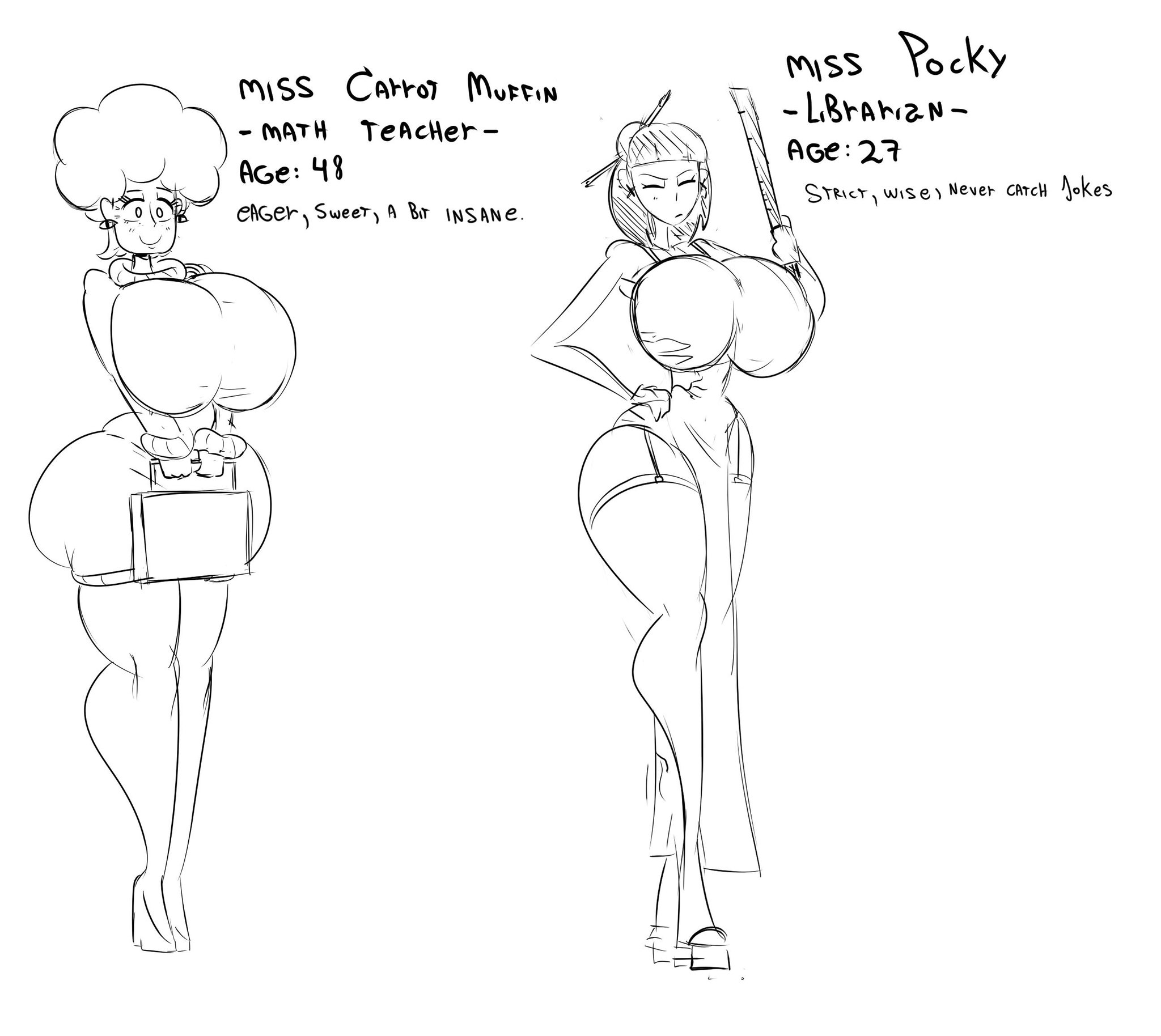 2girls, afro, ass, big ass, big breasts, big butt, breasts, character sheet, clothed, clothing, dress, female, female only, form fitting, garter straps, geta, geta sandals, hair, hair bun, hair ornament, heels, high heels, huge ass, huge breasts, kimono, legwear, librarian, middle aged, miss carrot (tasteofchoklit), miss pocky (tasteofchoklit), old art, older female, ruler, side ass, sketch, sweat, tasteofchoklit, tastetown (tasteofchoklit), teacher, thick thighs, thighhighs, thighs, tight clothes, tight clothing, tight sweater