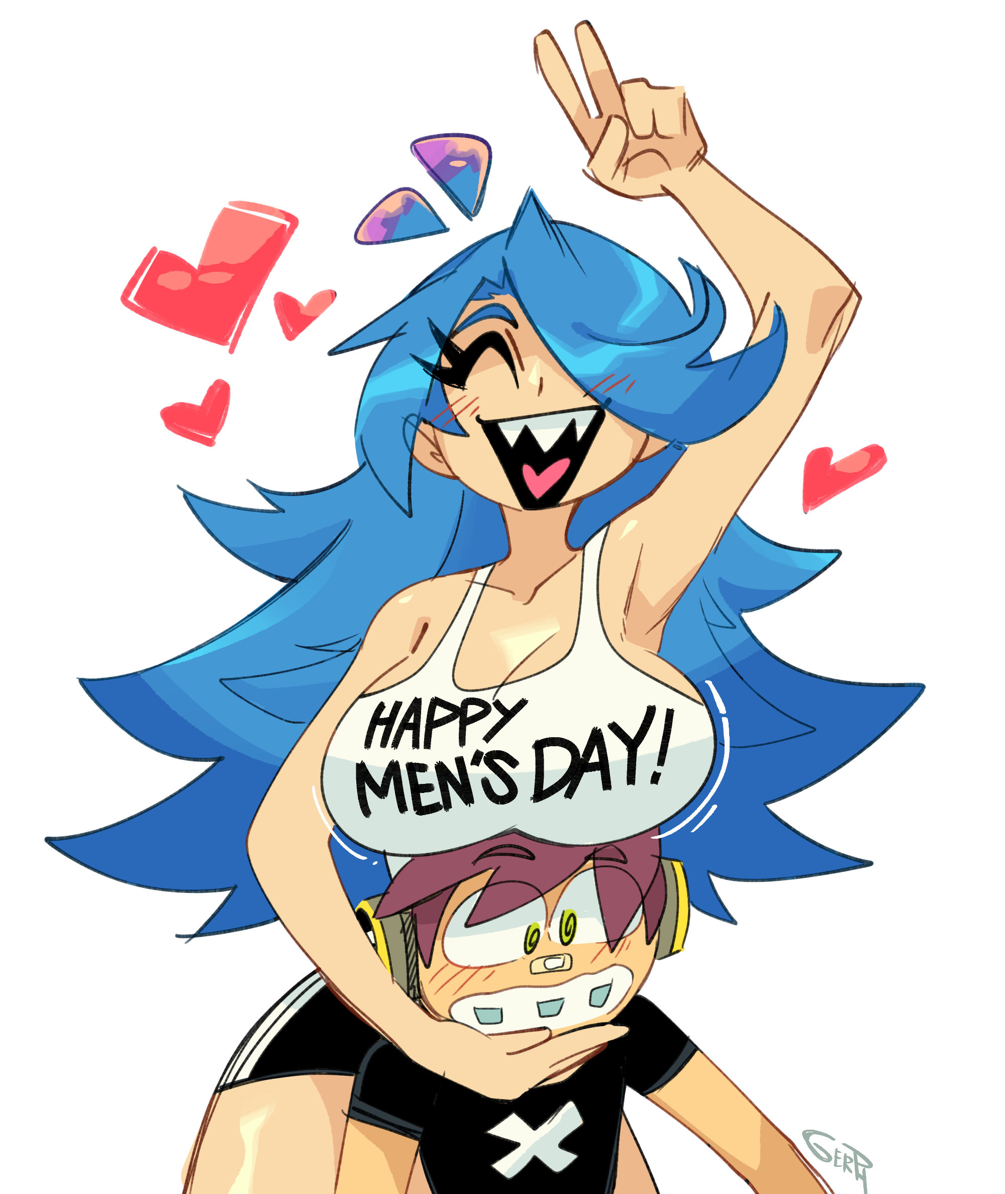 1boy, 1girls, 2d, 2d (artwork), armpits, bandage, bandaid, big breasts, blue hair, blush, braces, cleavage, closed eyes, clothed, dumfer, dumfer (skarp world), eyelashes, fully clothed, gerph, happy, headphones, heart, international mens day, jiggling breasts, long hair, male appreciation, nerd, nerdy male, peace sign, sharp teeth, shorts, skarp world, skarpne (skarp world), tank top, teeth, teeth showing, white background, white skinned male