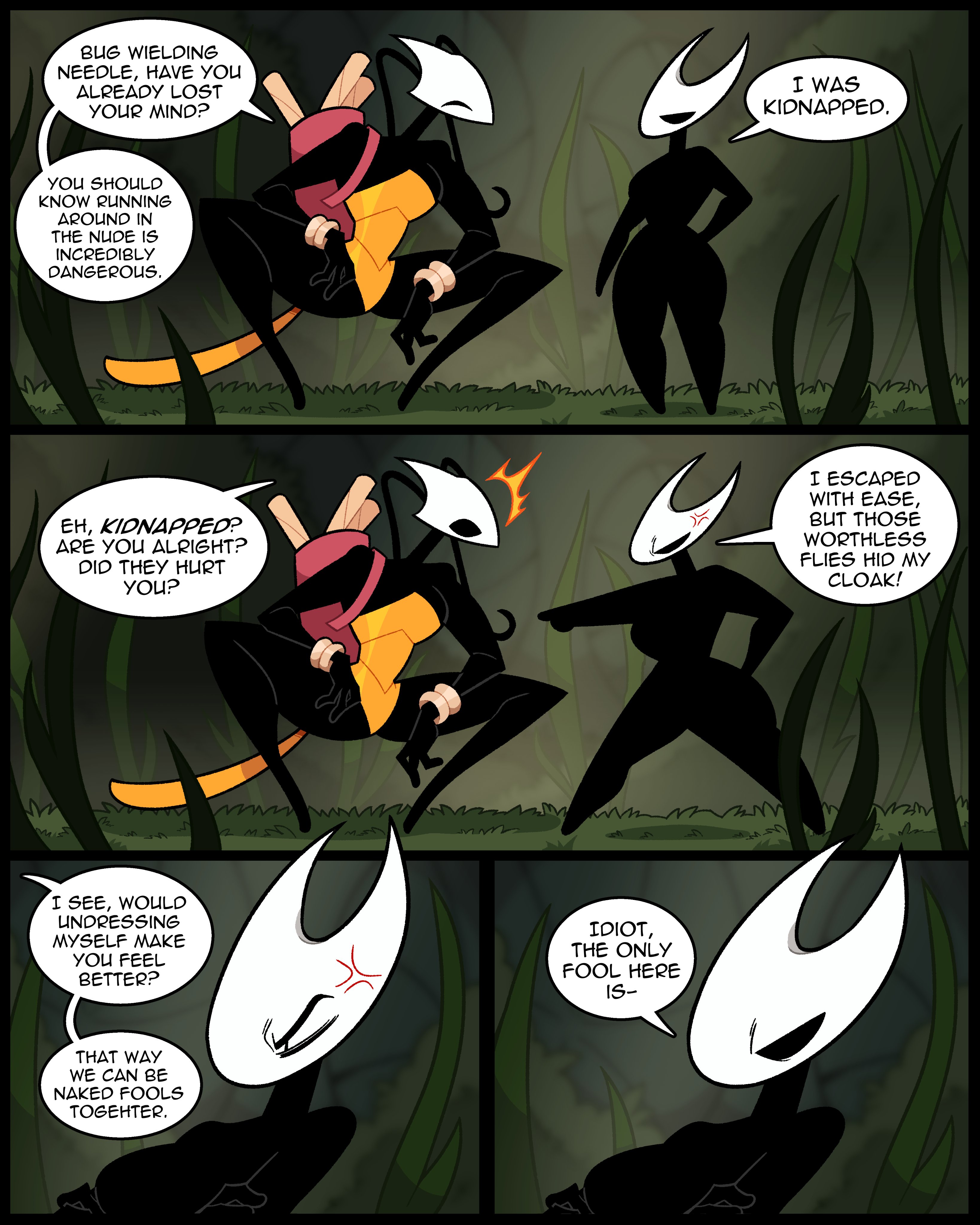 2025, 2d, 2d (artwork), 2d artwork, 4 panel comic, angry, angry expression, angry face, antenna hair, antennae, antennae (anatomy), anthro, anthro only, arms crossed, bag, big breasts, black body, bracelet, bracelets, breasts, bug, bug girl, closed eyes, comic, curvaceous, curvy, curvy female, curvy figure, dialogue, dialogue bubble, duo, female only, frown, frowning, grass, grass field, hand on hip, hollow knight, hollow knight: silksong, hornet (hollow knight), idolomantises, insect, insect girl, insect humanoid, insectoid, making fun of, mocking, mothmilfs, naked, naked female, nude, nude female, one-piece suit, orange clothing, pissed off, pointing, public, public exposure, public indecency, public nudity, shakra (hollow knight), short female, silksong, slender, slender body, slender waist, squat, squatting, tall female, team cherry, teasing, text, thick, thick ass, thick legs, thick thighs, thin, wide hips, wide thighs