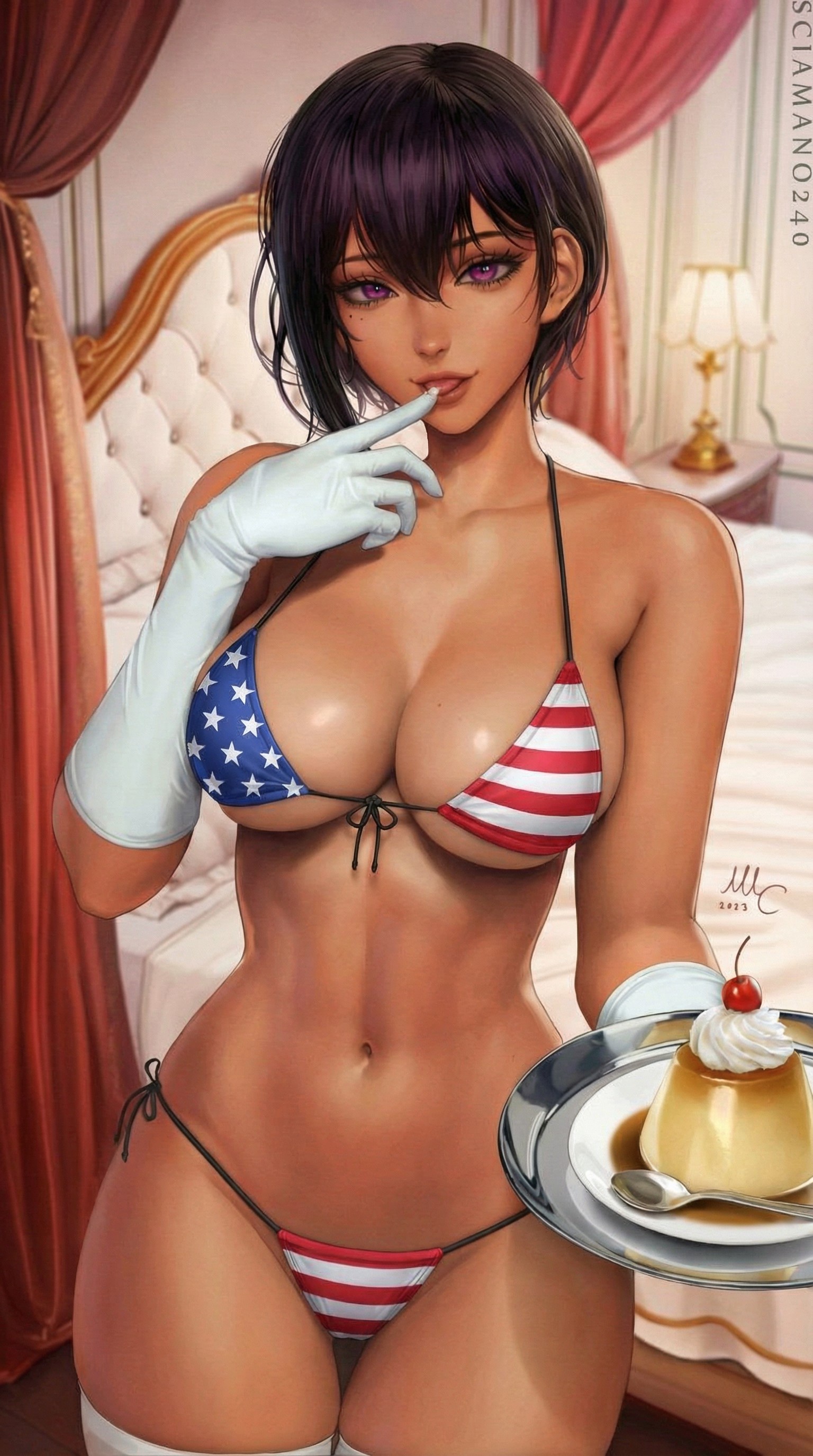 1girls, abs, absurd res, american flag bikini, bikini, breasts, cleavage, curvaceous, curvy body, curvy female, dark skin, dark-skinned female, female, female focus, female only, female torso, gloves, hi res, holding object, huge breasts, lilith (saikin yatotta maid ga ayashii), maid, maid headdress, mole, mole under eye, revealing clothes, saikin yatotta maid ga ayashii, sciamano240, serving tray, short hair, skimpy clothes, stockings, thighhighs, violet hair, voluptuous, voluptuous female