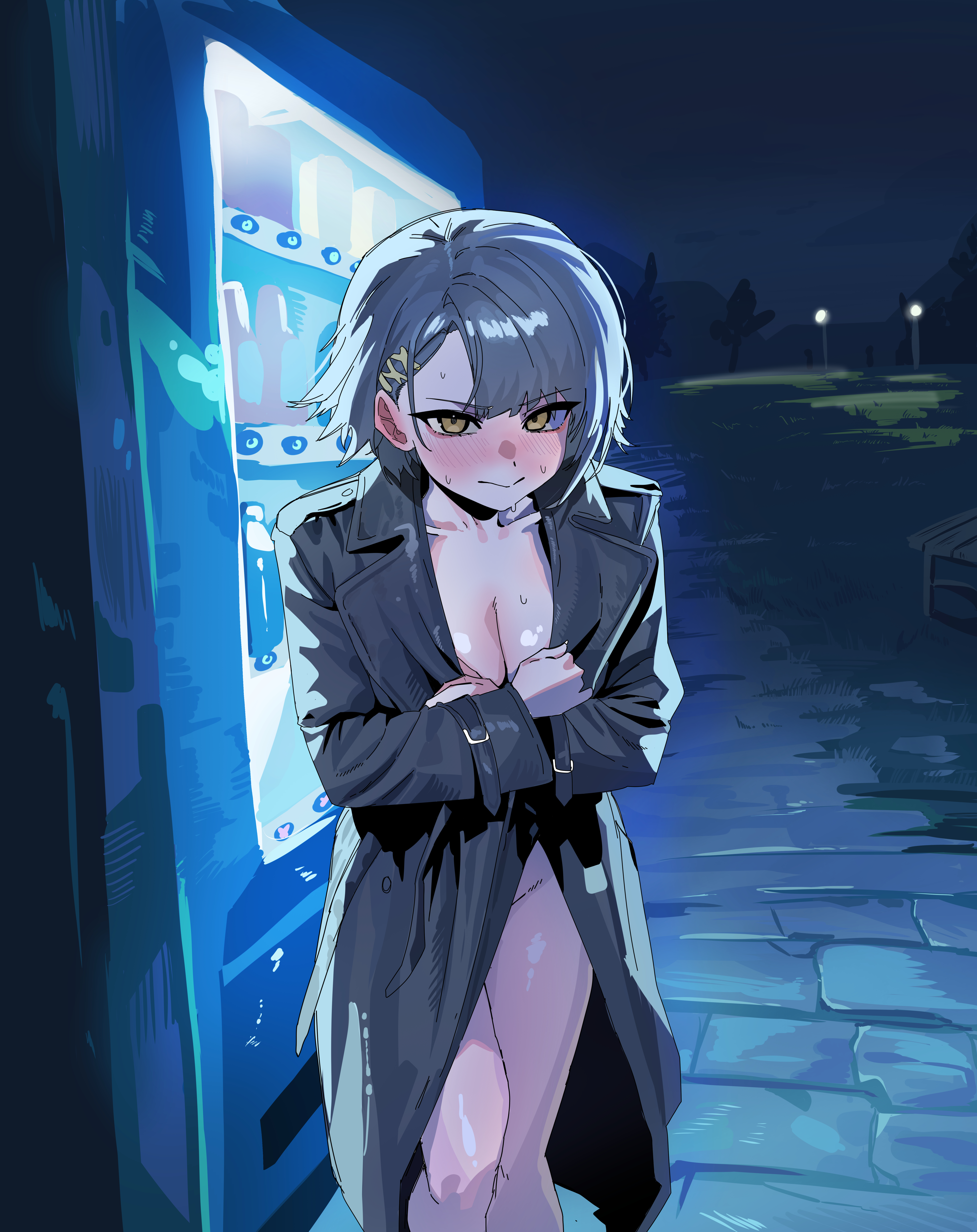 1girls, big breasts, blush, bottomless, breasts, cleavage, closed mouth, coat, covering breasts, exhibitionism, female, female only, girls' frontline, girls' frontline 2: exilium, grey hair, groin, hairclip, large breasts, looking at viewer, naked, naked coat, night, night sky, nude, outdoors, park, public, public nudity, ruppu, short hair, sweat, sweatdrop, vector (girls' frontline 2), vector (girls' frontline), vending machine, yellow eyes