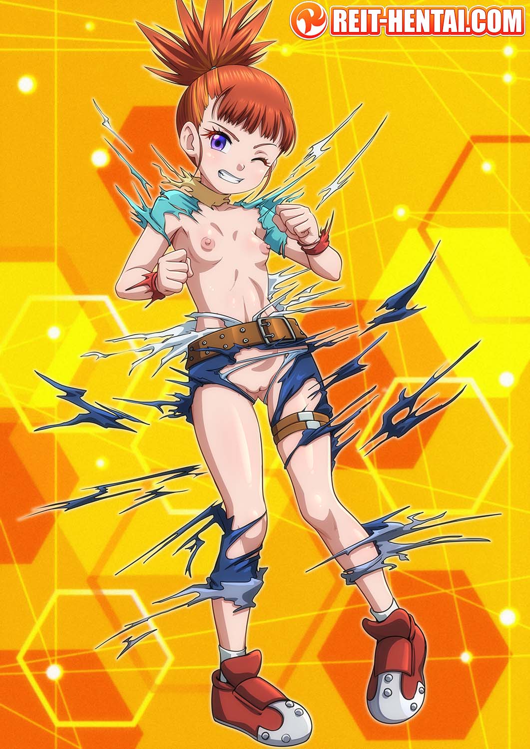 1girls, belt, breasts, clothes explode, clothes ripping, defeated, defeated heroine, digimon, digimon tamers, exposed breasts, exposed nipples, exposed pussy, female, female focus, female only, forced exposure, hi res, imminent nudity, makino ruki, nipples, orange hair, orange-haired female, purple eyes, pussy, red hair, reit, rika nonaka, shoes, solo female, torn clothes, torn clothing, torn pants, torn shirt, watermark